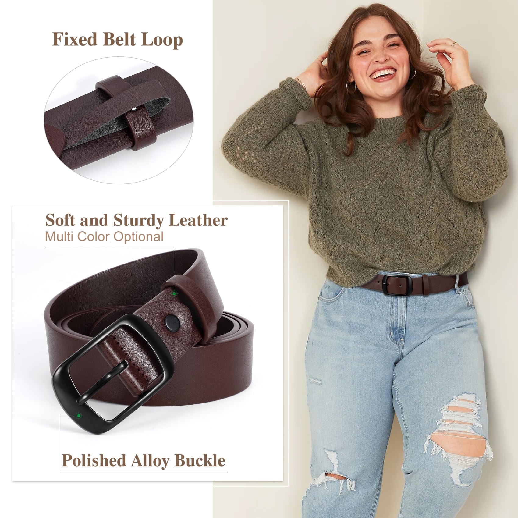 JASGOOD Plus Size Women Leather Belt Black Casual Waist Belt for Jeans Pants with Metal Pin Buckle - JASGOOD OFFICIAL