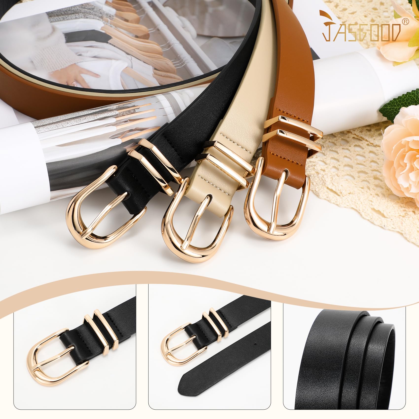 JASGOOD 3 Pack Women Leather Belts For Jeans Dresses Pants Ladies Faux Leather Waist Belt with Gold Buckle - JASGOOD OFFICIAL
