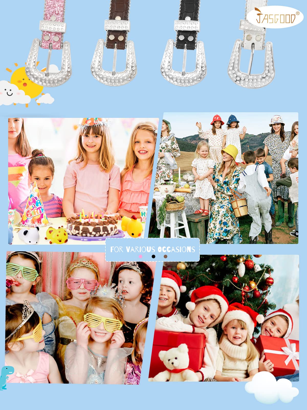 JASGOOD Kids Rhinestone Belt for Girls and Boys,Western Cowgirl Cowboy Bling Studded Leather Belt for Jeans Dress