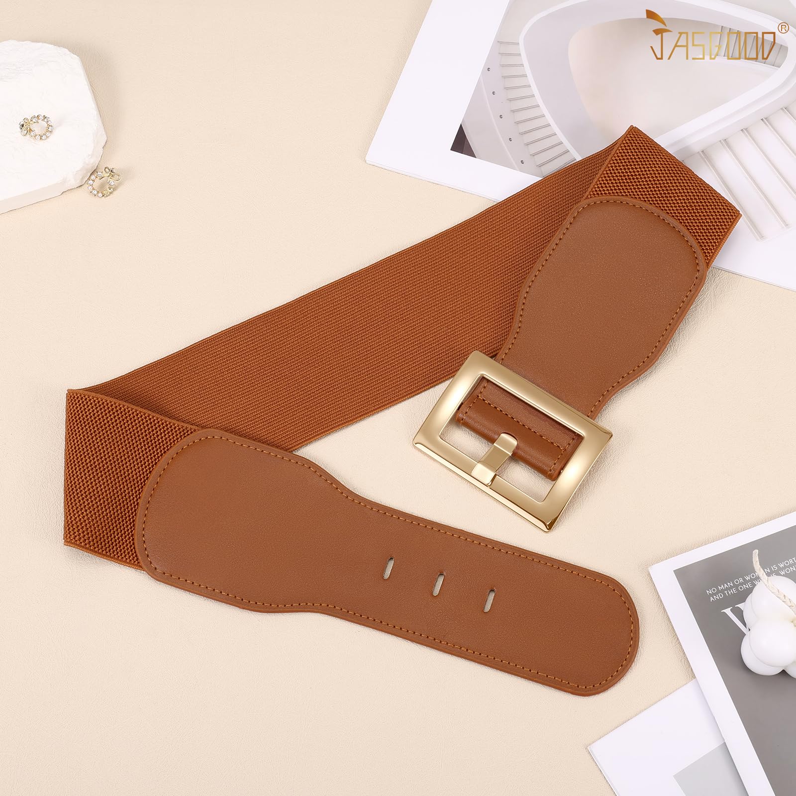 JASGOOD Women Wide Elastic Belt Stretchy Vintage Waist Belts for Dress Santa Belt with Square Buckle