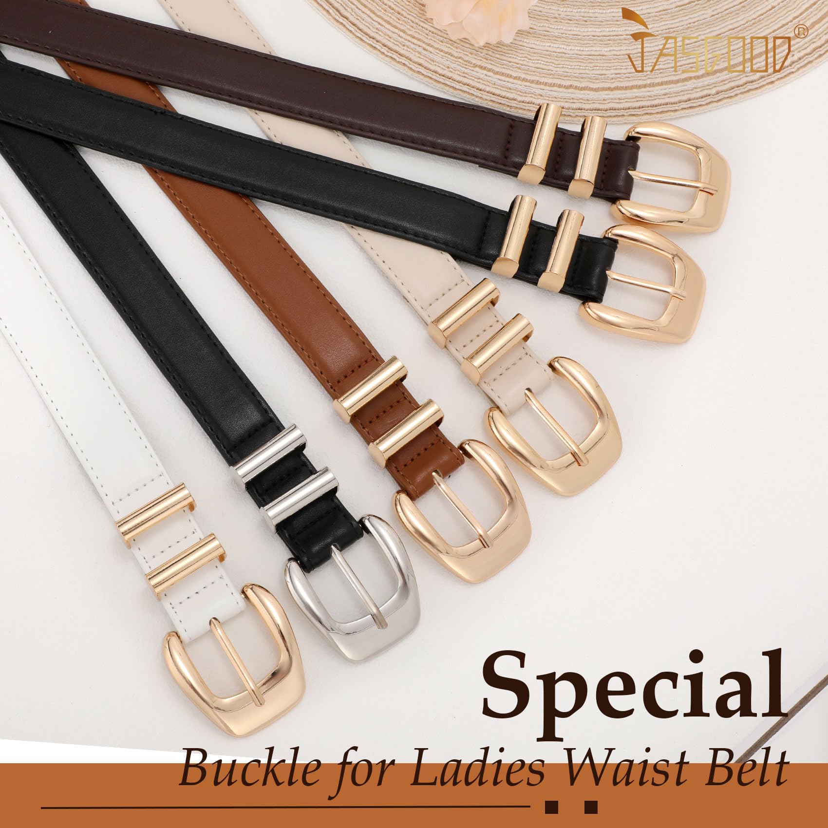JASGOOD Women Leather Belt with Gold Buckle Plus Size Belt for Jeans Pants PU Leather Waist Belt for Ladies