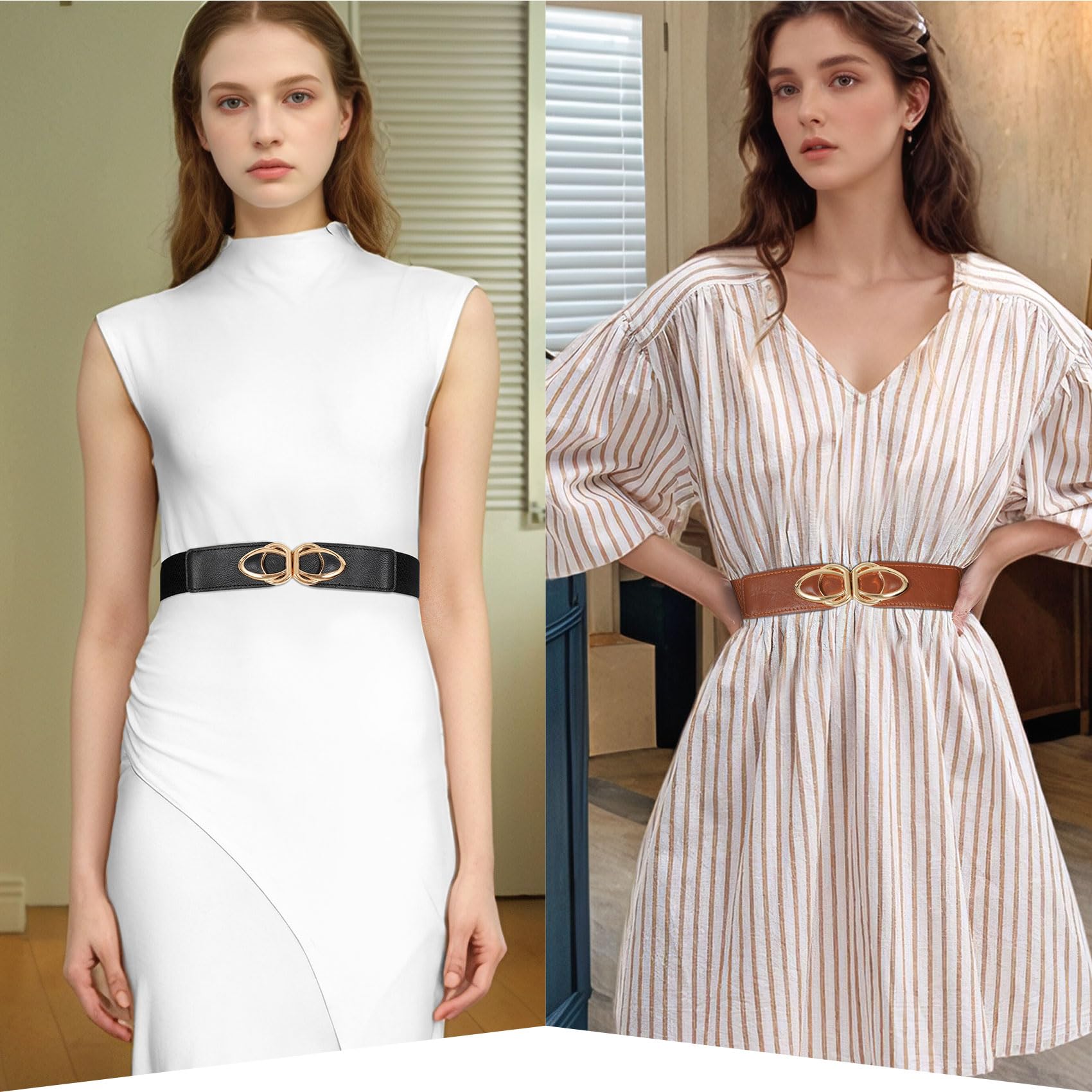WERFORU Women Thin Elastic Belts,Skinny Stretch Vintage Fashion Waistband for Dress with Gold Buckle 4 Pack