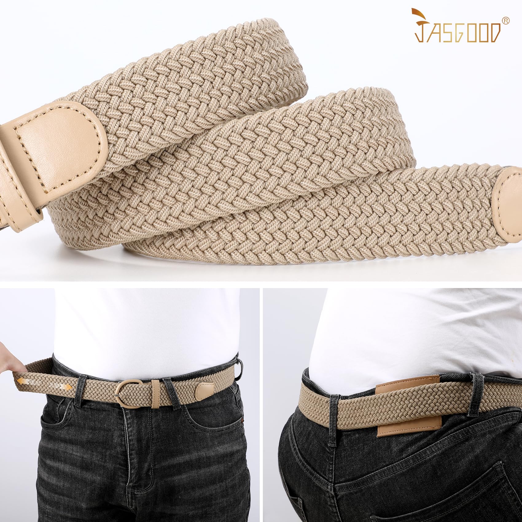 JASGOOD Women Braided Woven Elastic Stretch Belt Leather Covered Buckle Canvas Plus Size Belt for Jeans Pants