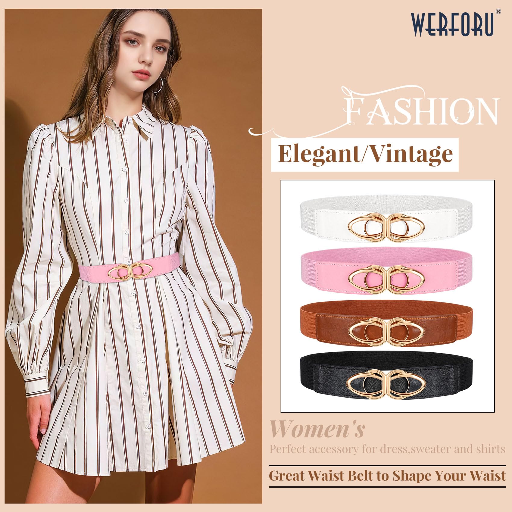 WERFORU Women Thin Elastic Belts,Skinny Stretch Vintage Fashion Waistband for Dress with Gold Buckle 4 Pack