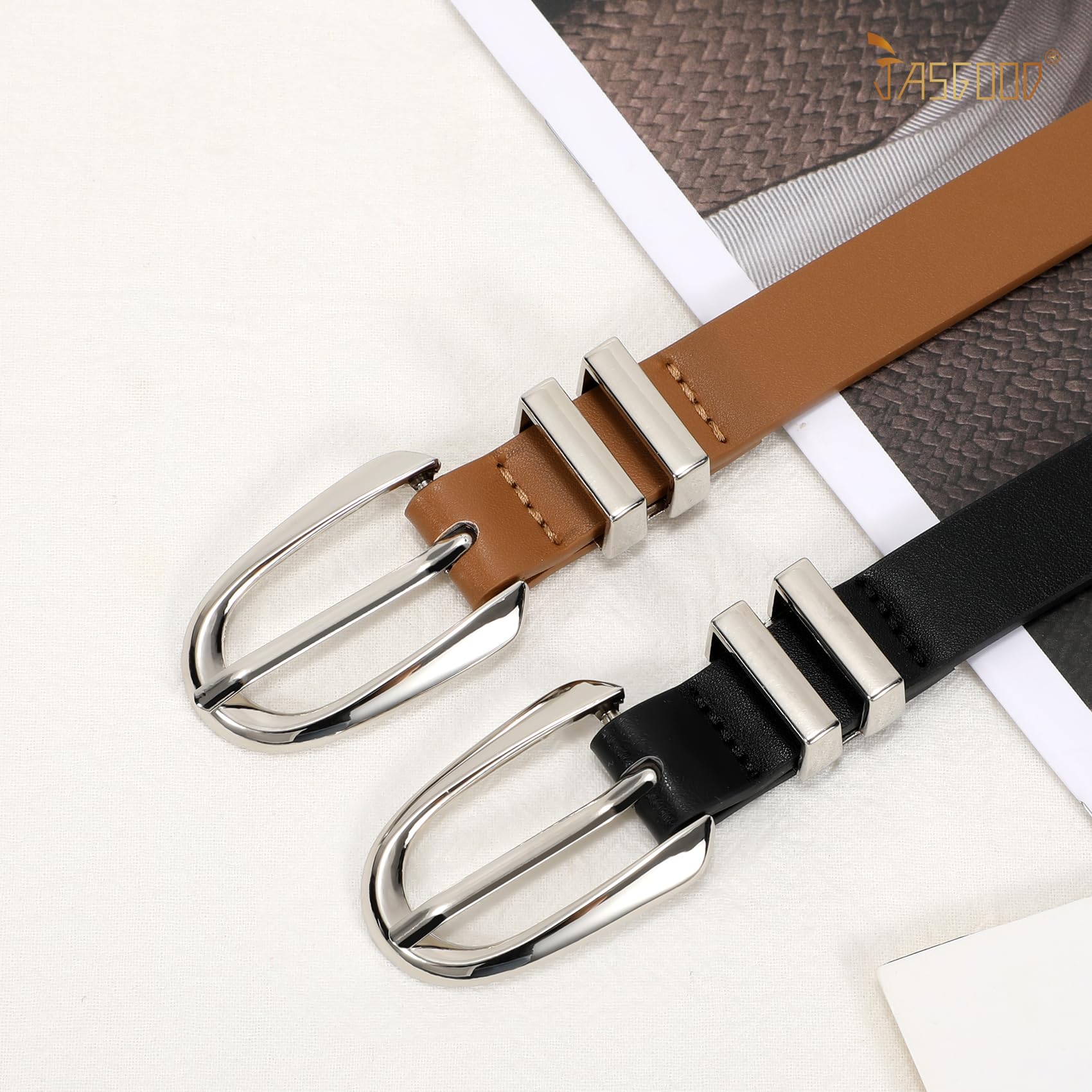 JASGOOD 2 Pack Women Skinny PU Leather Belt Ladies Thin Leather Plus Size Waist Belt for Jeans Dress with Gold Buckle