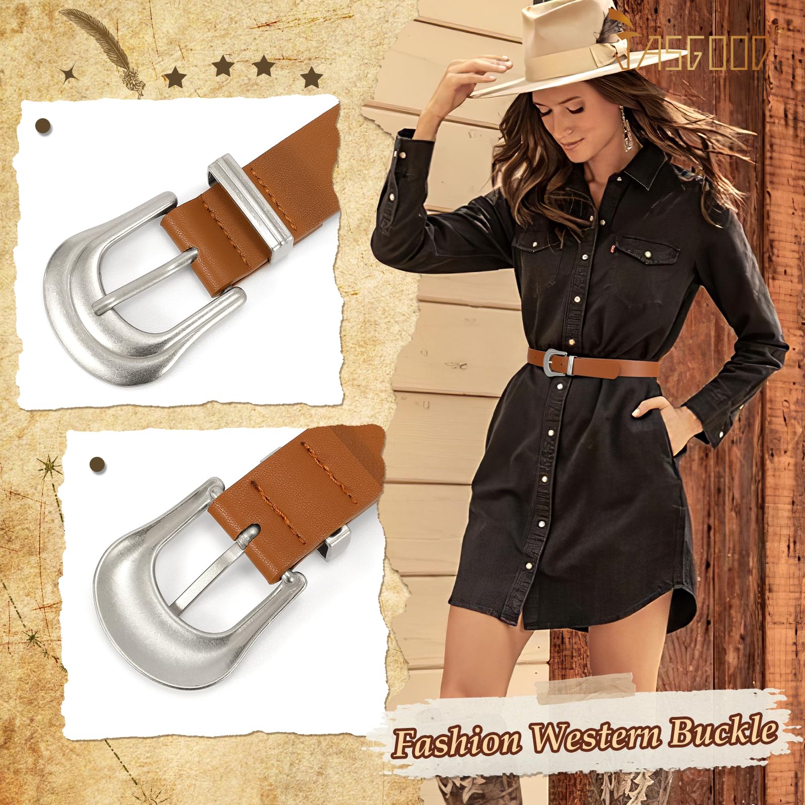 JASGOOD Women's Western Belt Vintage Black Leather Waist Belt for Pants Jeans with Gold Buckle
