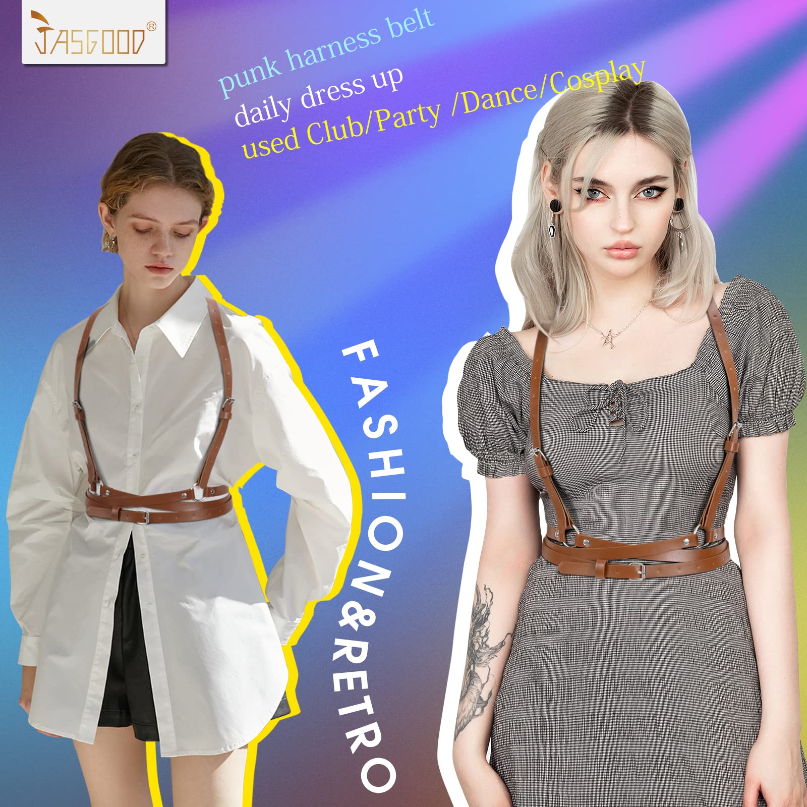 JASGOOD Punk Waist Belt Women PU Leather Skinny Body Adjustable Belts with Gothic Circle for Party