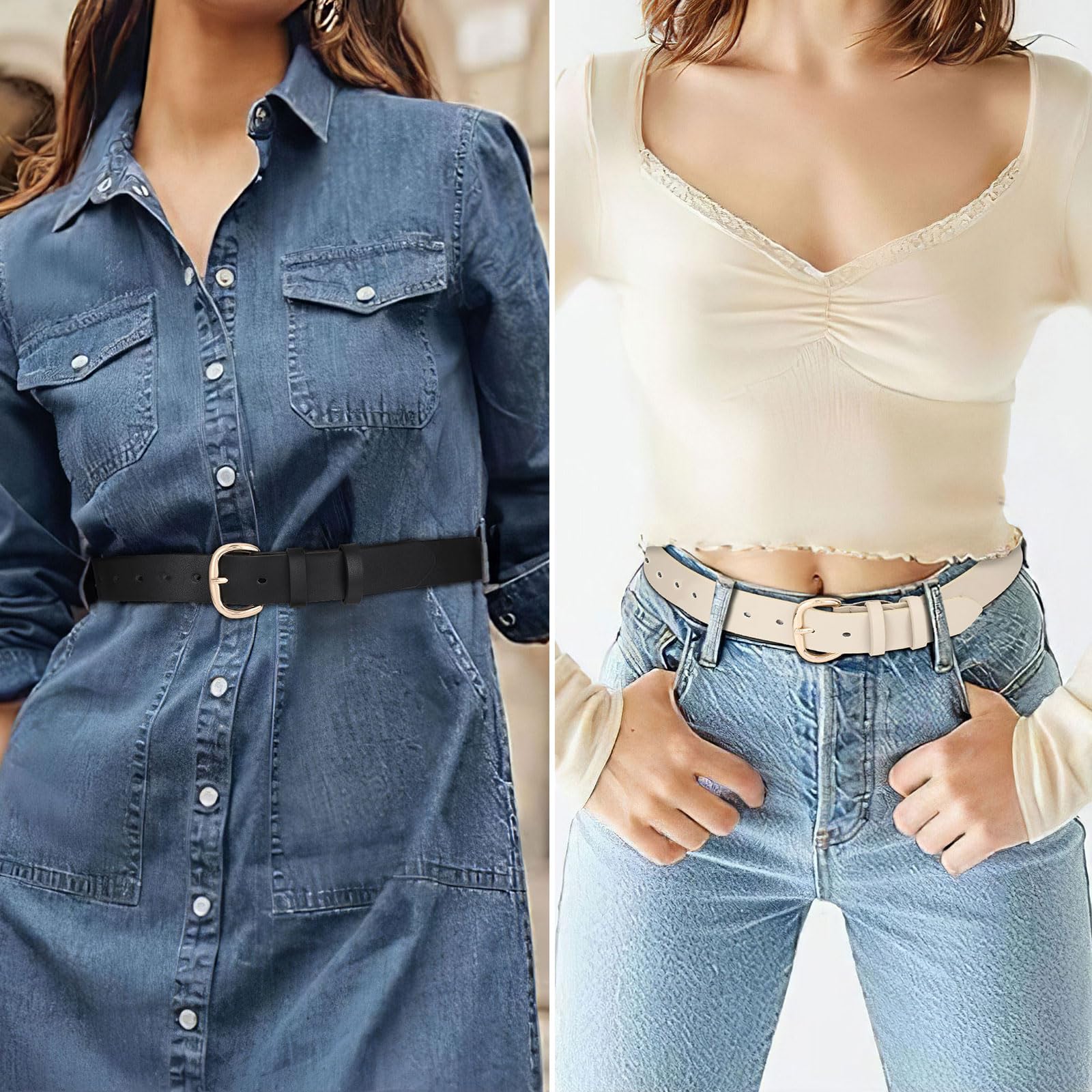 JASGOOD 3 Pack Women Leather Belt for Jeans Pants Gold Buckle Casual Waist Dresses Belt for Ladies