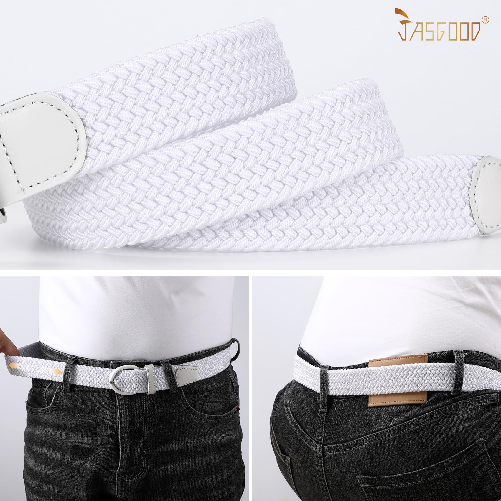 JASGOOD Women Braided Woven Elastic Stretch Belt Leather Covered Buckle Canvas Plus Size Belt for Jeans Pants