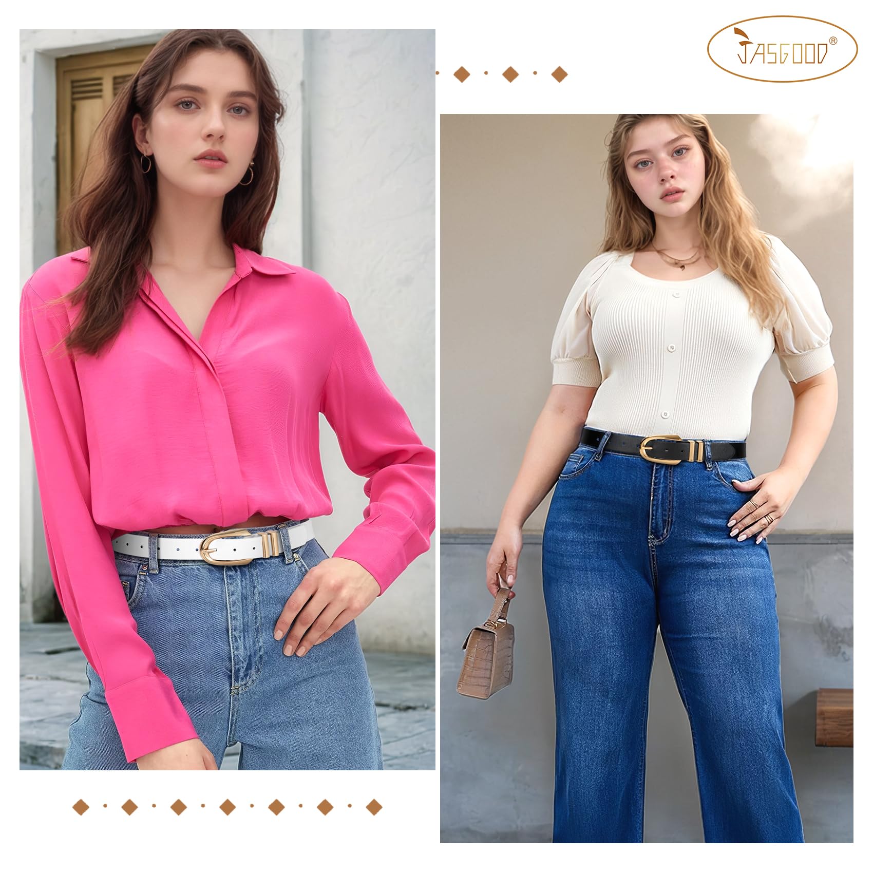 JASGOOD Women Leather Belt Fashion Waist Belt for Pants Jean Ladies Faux Leather Dress belt with Gold/Silver Buckle 2 Pack