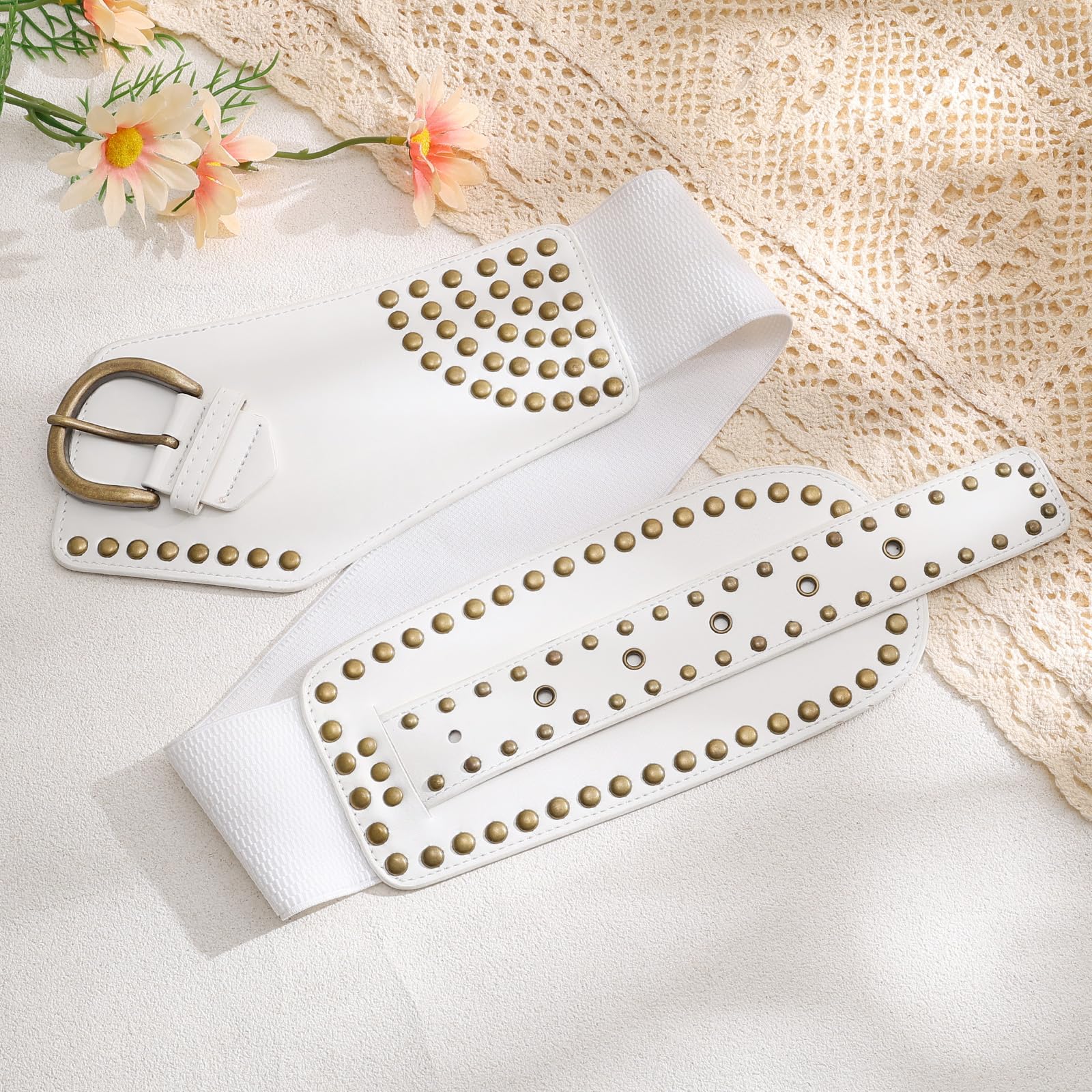 JASGOOD Women Vintage Wide Elastic Belt Studded Stretchy Waist Belt with Rivets Metal Buckle - JASGOOD OFFICIAL