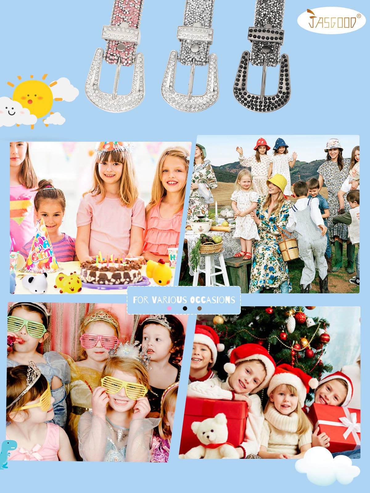 JASGOOD Kids Rhinestone Belt for Girls and Boys,Western Cowgirl Cowboy Bling Studded Leather Belt for Jeans Dress