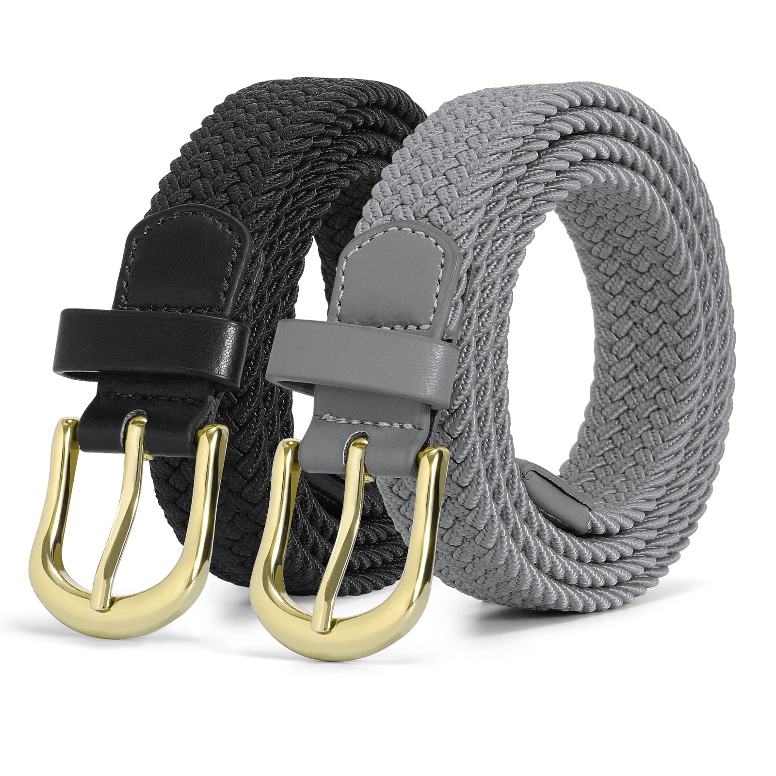 JASGOOD 2 Pack Braided Belts for Women, 1'' Narrow Width Elastic Woven Stretch Fabric Cloth Belts with Gold Buckle - JASGOOD OFFICIAL