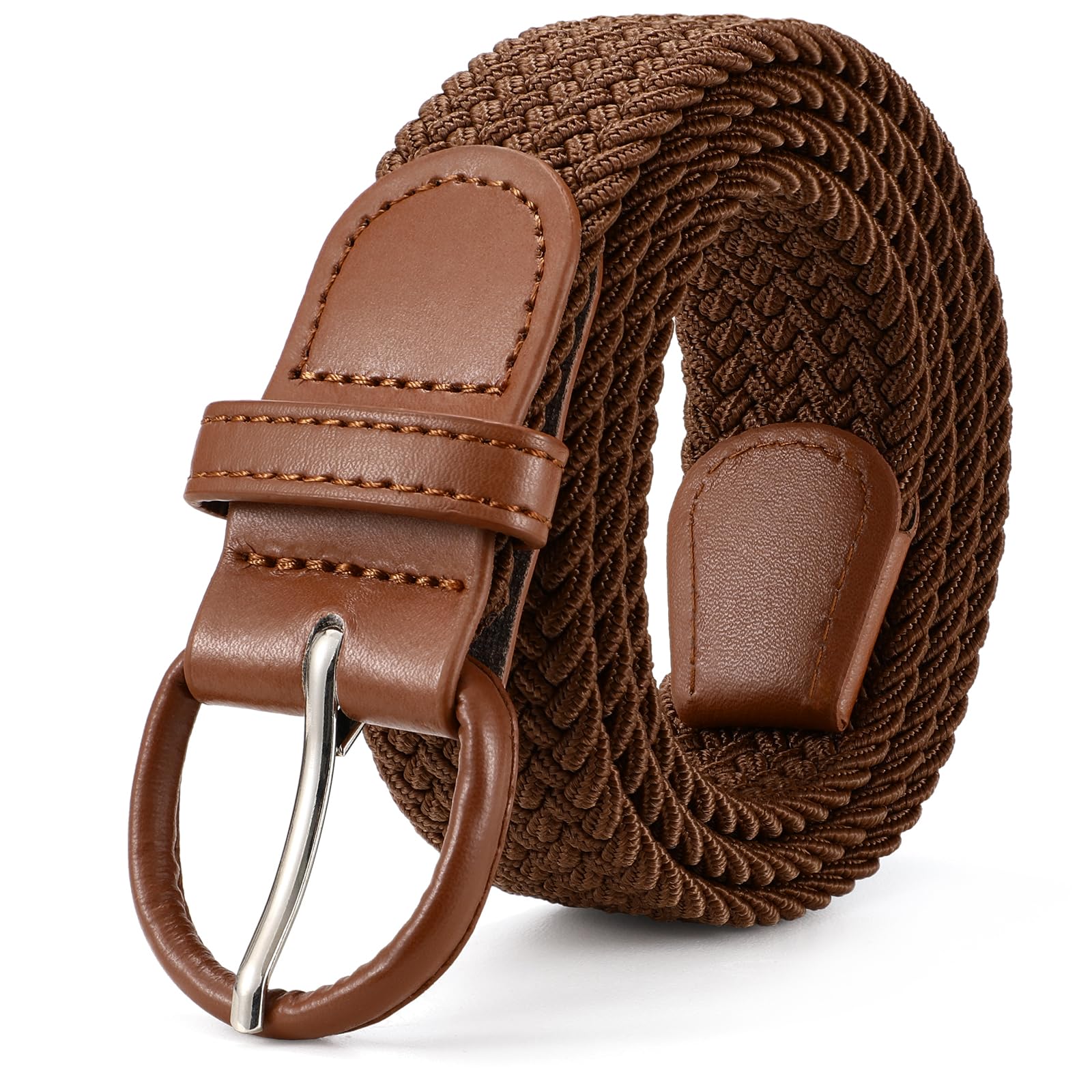 JASGOOD Women Braided Woven Elastic Stretch Belt Leather Covered Buckle Canvas Plus Size Belt for Jeans Pants