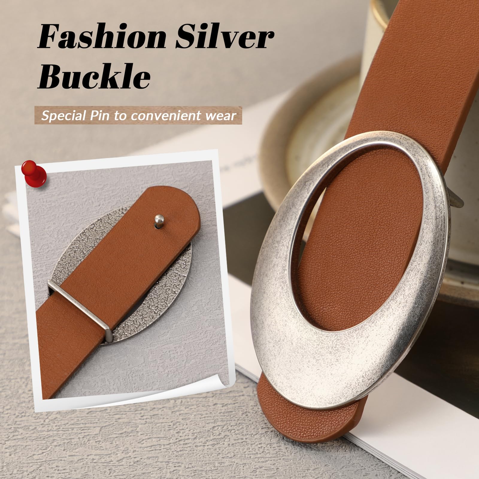 JASGOOD Women Leather Belt with Timeless Oval Silver Buckle Trendy PU Leather Waist Belt for Ladies Jeans Dress Pants