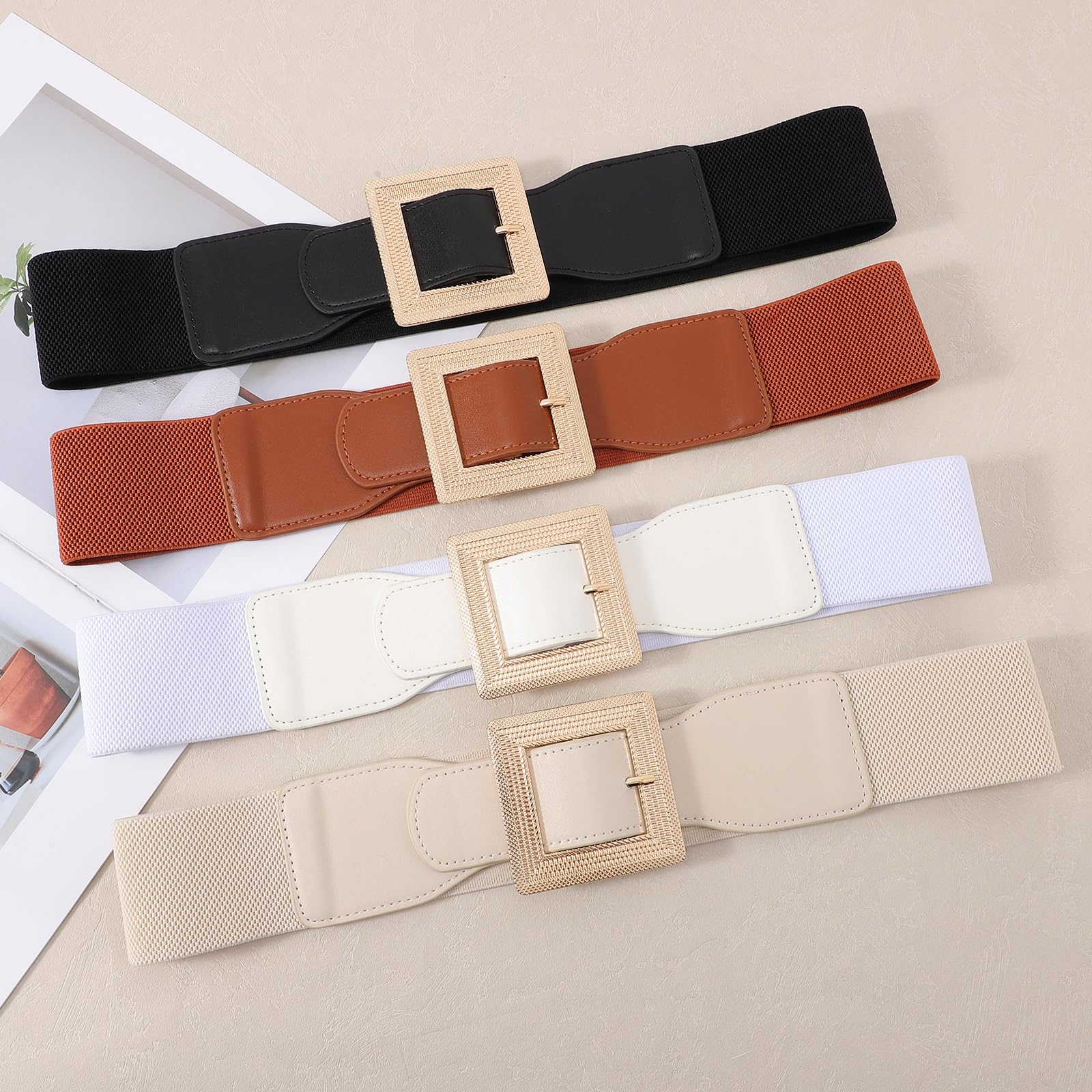 JASGOOD Women Wide Elastic Belt Stretchy Vintage Waist Belts for Dress Santa Belt with Square Buckle