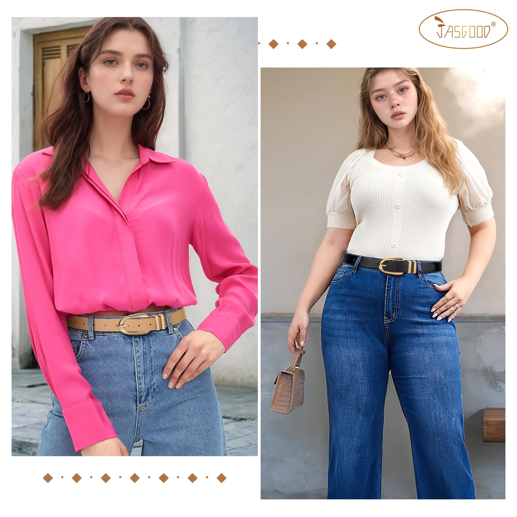 JASGOOD Women Leather Belt Fashion Waist Belt for Pants Jean Ladies Faux Leather Dress belt with Gold/Silver Buckle 2 Pack