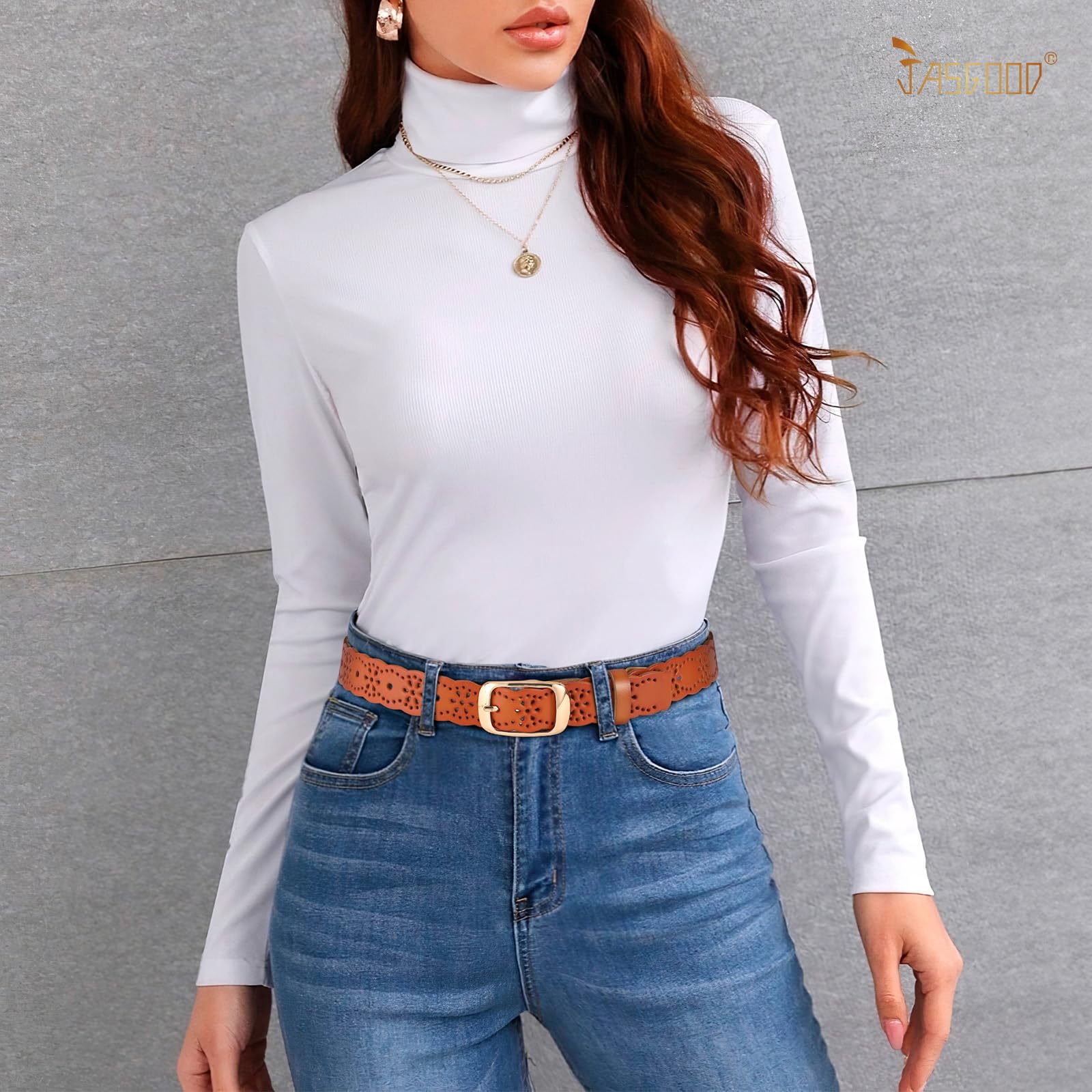 JASGOOD Leather Belt for Women Hollow Flower Leather Belt for Jeans Pants Fashion Waist Belt with Gold Buckle