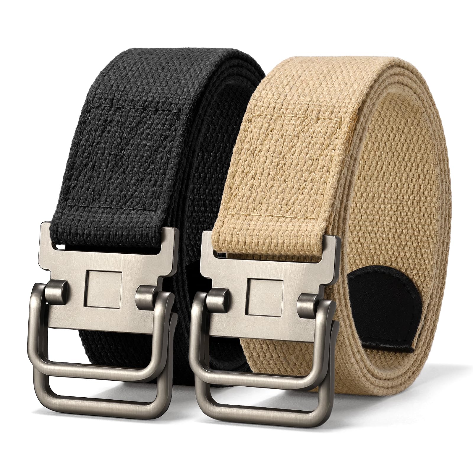 JASGOOD 2 Pack Canvas Web Belts Double D Ring Buckle for Men Fabric Cloth Casual Belt for Jeans Pants 1 1/2" Wide