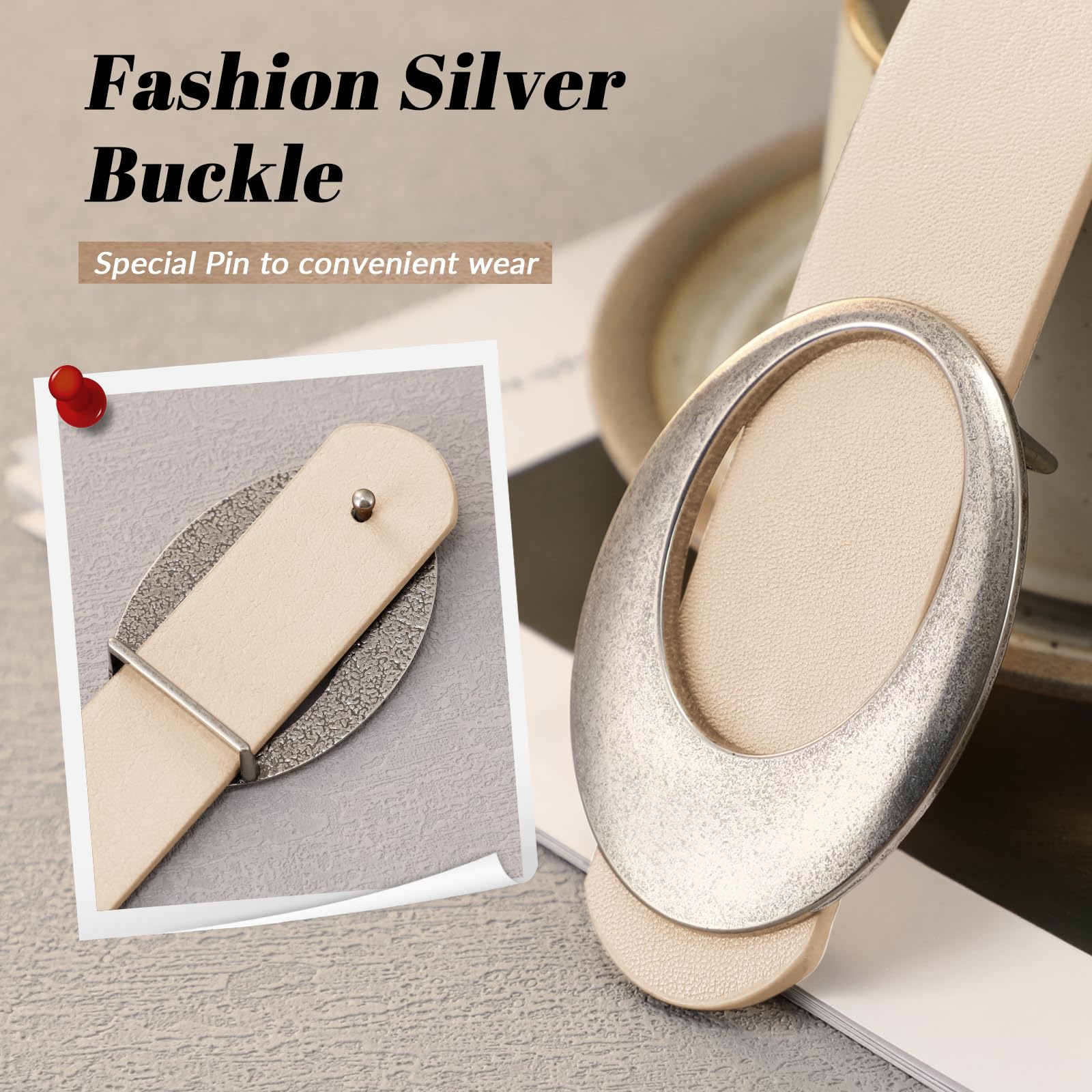 JASGOOD Women Leather Belt with Timeless Oval Silver Buckle Trendy PU Leather Waist Belt for Ladies Jeans Dress Pants