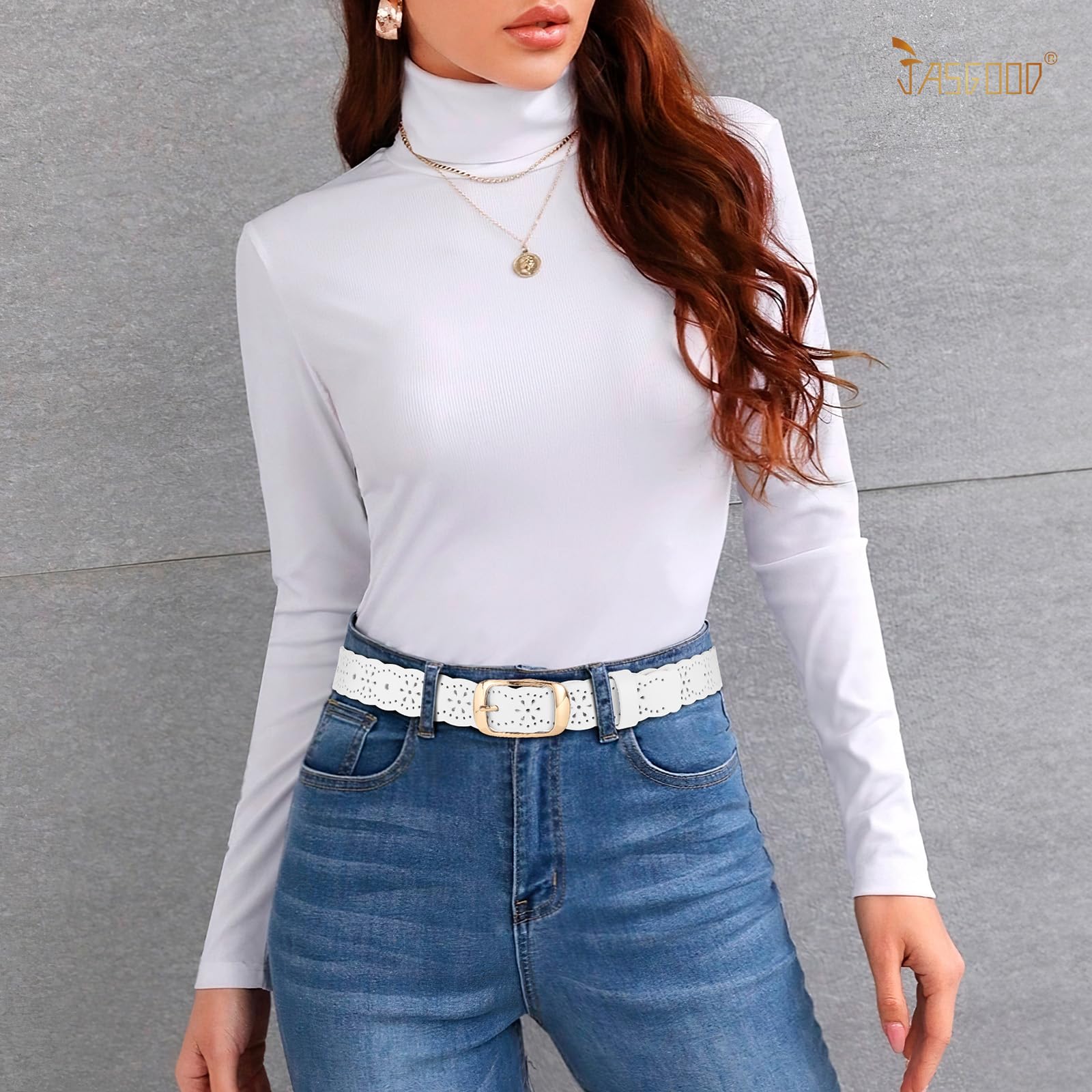 JASGOOD Leather Belt for Women Hollow Flower Leather Belt for Jeans Pants Fashion Waist Belt with Gold Buckle
