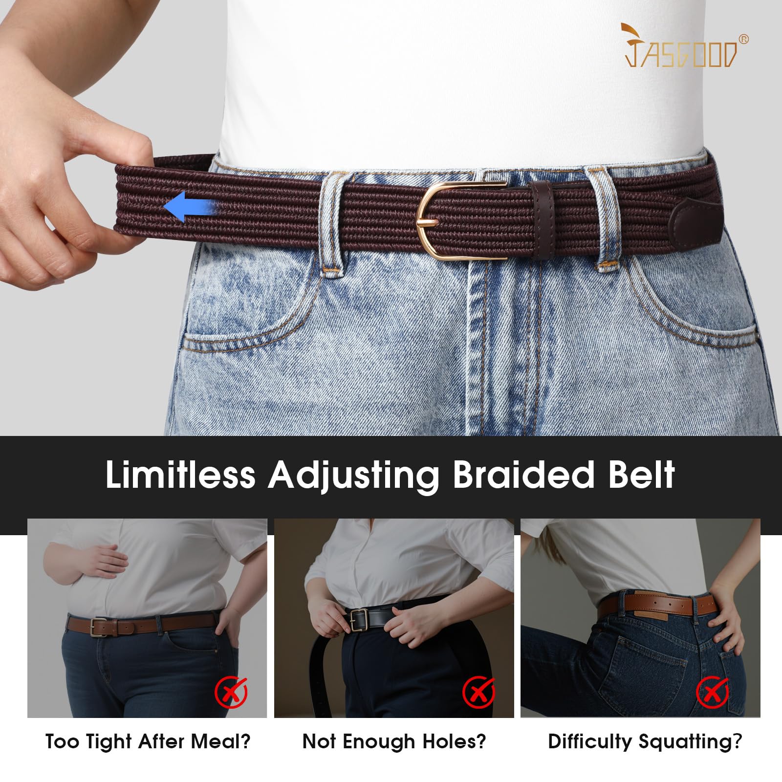 JASGOOD Elastic Braided Stretch Belt Women Golf Casual Fabric Woven Belt 1 3/8" Adjustable Work