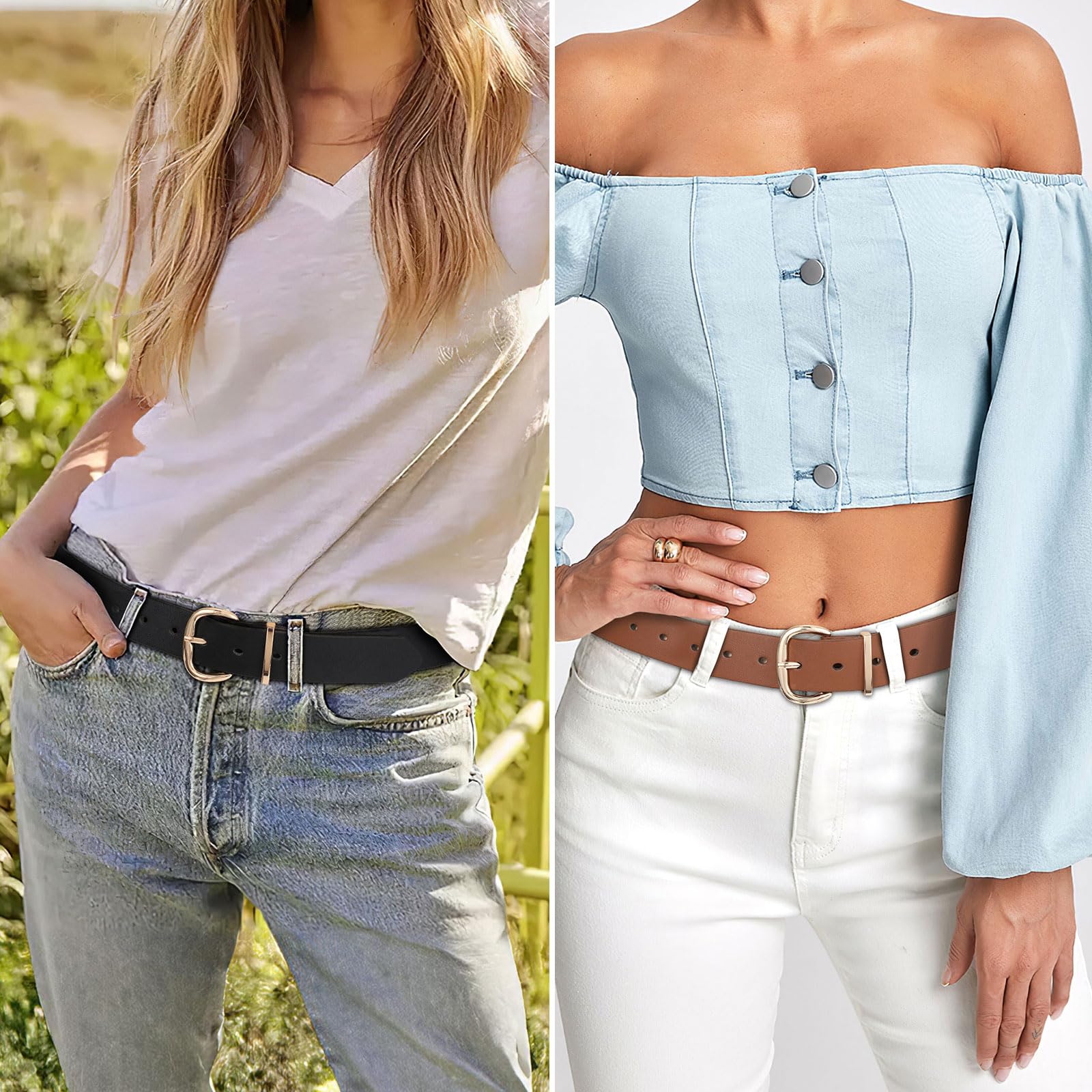 JASGOOD 3 Pack Belts for Women Leather Waist Belts for Jeans Dresses Pants Ladies Fashion Belt with Gold Buckle