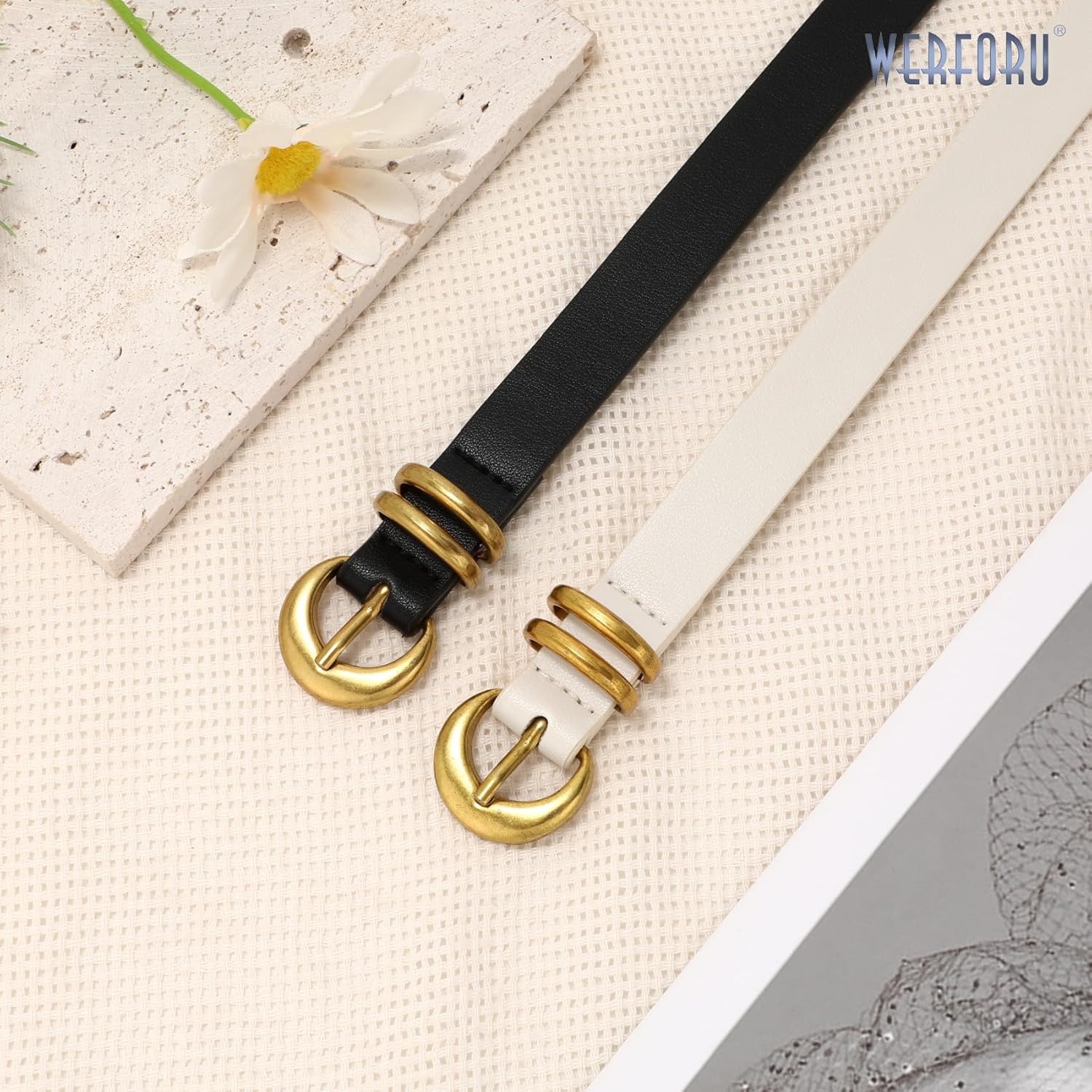 WERFORU 2 Pack Women Skinny Leather Belt for Jeans Pants Thin Waist Belt for Dress Ladies Belt with Gold Buckle