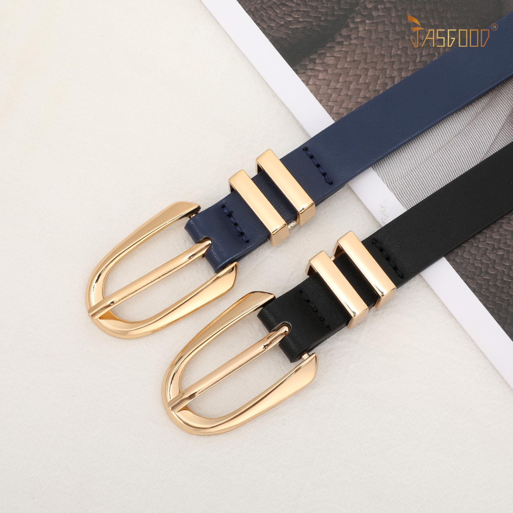 JASGOOD 2 Pack Women Skinny PU Leather Belt Ladies Thin Leather Plus Size Waist Belt for Jeans Dress with Gold Buckle
