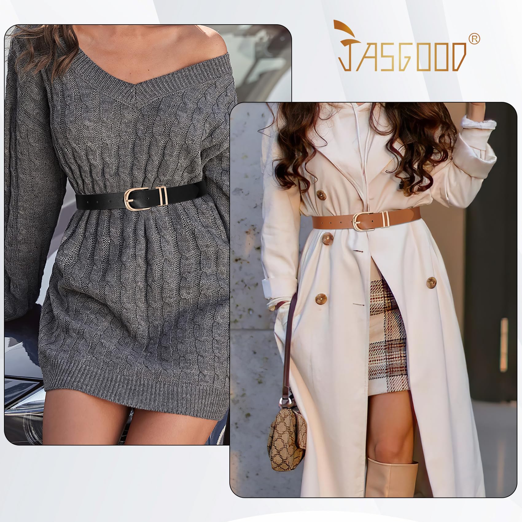 JASGOOD 3 Pack Women Leather Belts For Jeans Dresses Pants Ladies Faux Leather Waist Belt with Gold Buckle - JASGOOD OFFICIAL