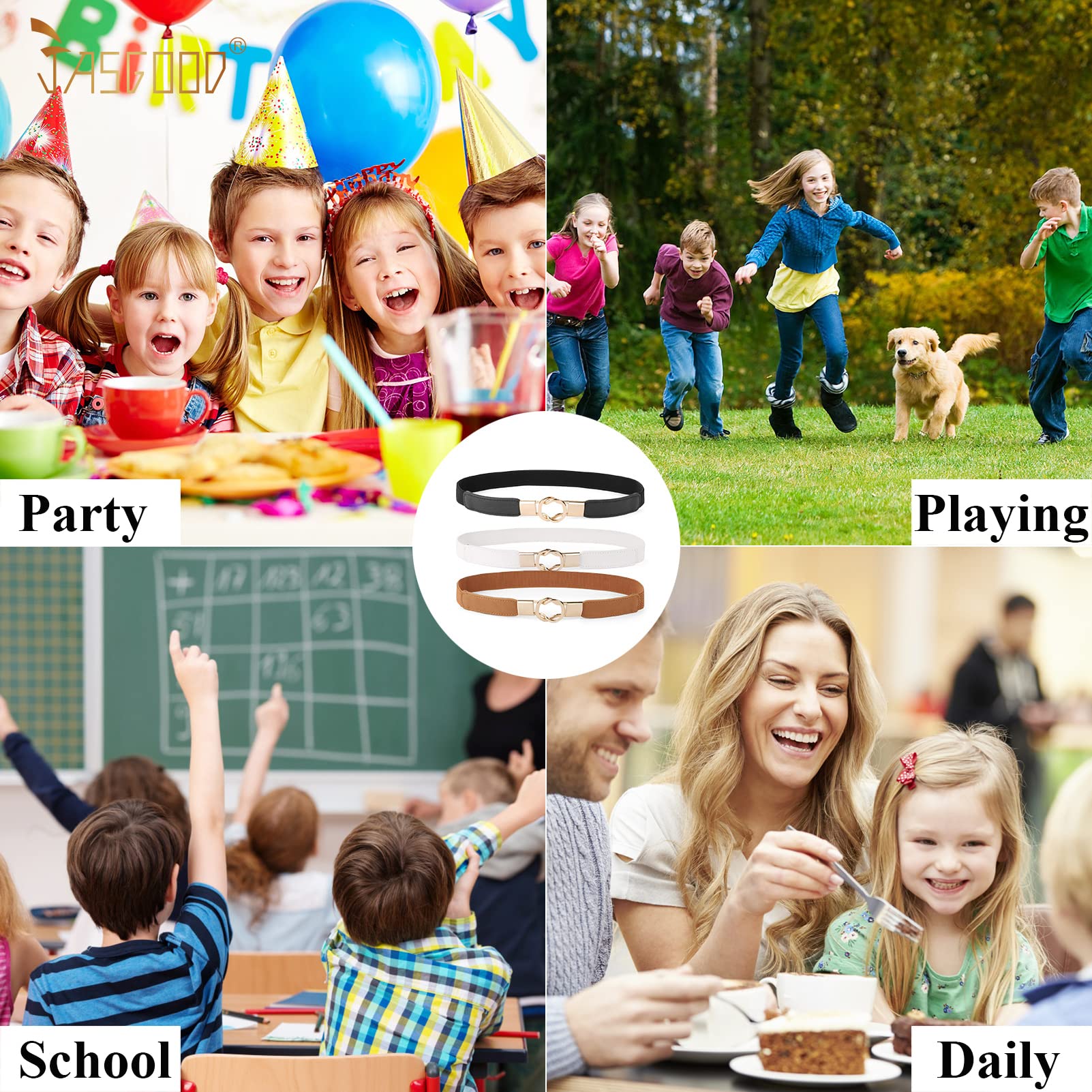 JASGOOD Kids Skinny Elastic Stretch Belts for girls with Easy Buckle Toddler School Uniform Dress Belts