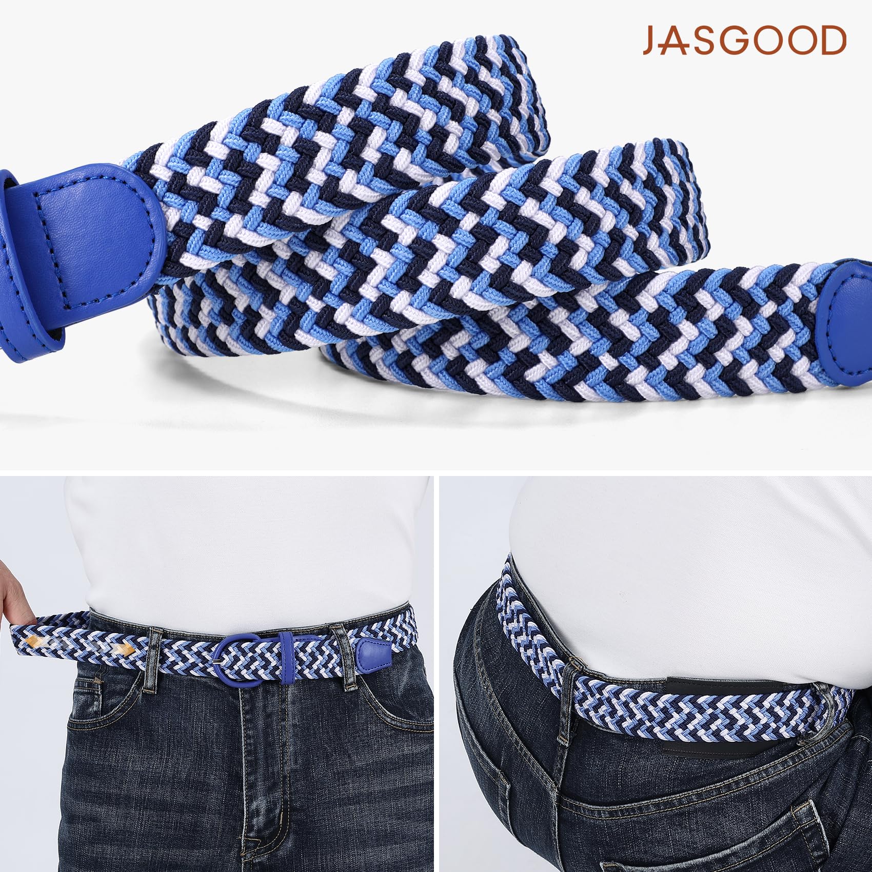 JASGOOD Women Braided Woven Elastic Stretch Belt Leather Covered Buckle Canvas Plus Size Belt for Jeans Pants