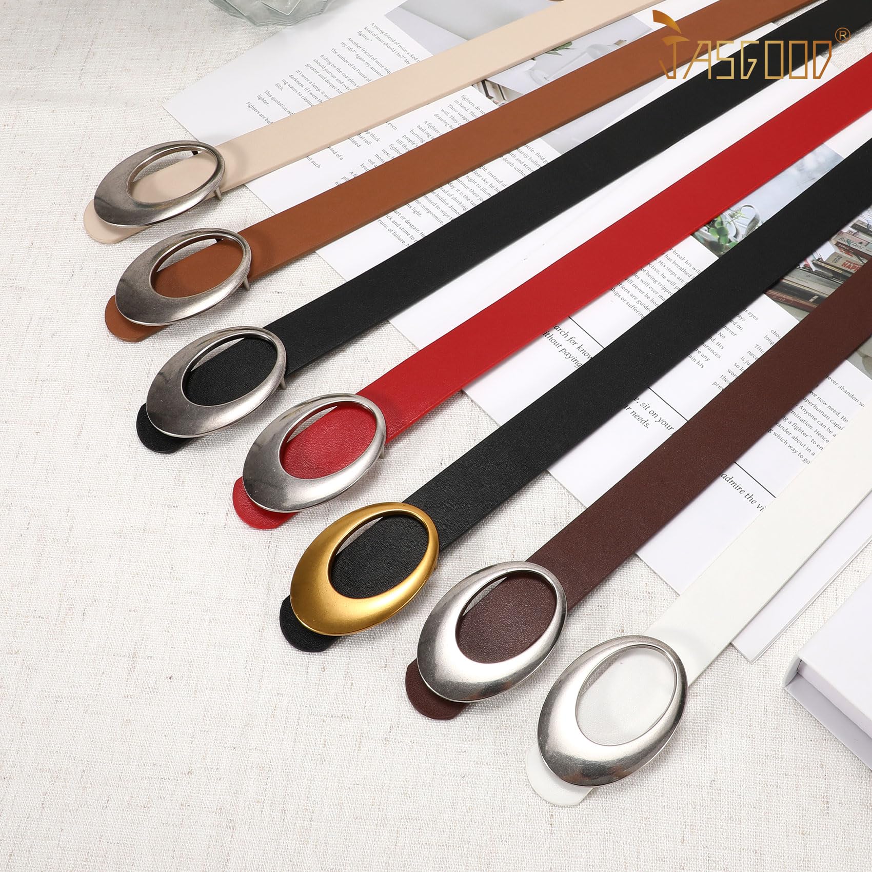 JASGOOD Women Leather Belt with Timeless Oval Silver Buckle Trendy PU Leather Waist Belt for Ladies Jeans Dress Pants