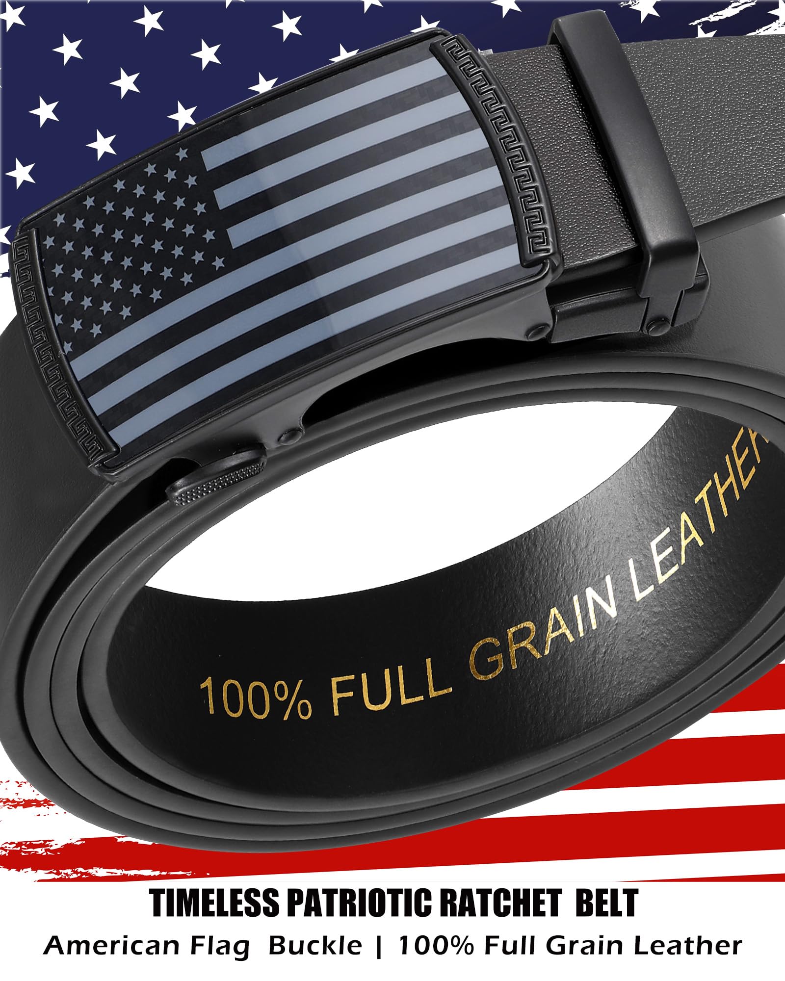 Men's Full Grain Ratchet Sliding Belt 1 3/8" with American Flag Buckle