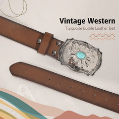 Unisex Western Style Boho Turquoise Faux PU Leather Belt For Cowboy Cowgirl