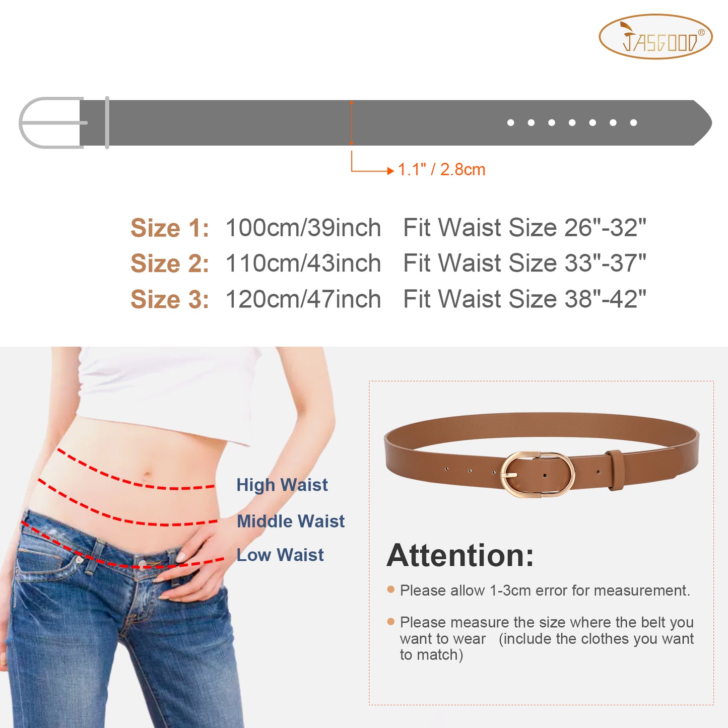 JASGOOD Women’s Leather Belts for Jeans Pants Fashion Ladies Belt with Gold Buckle