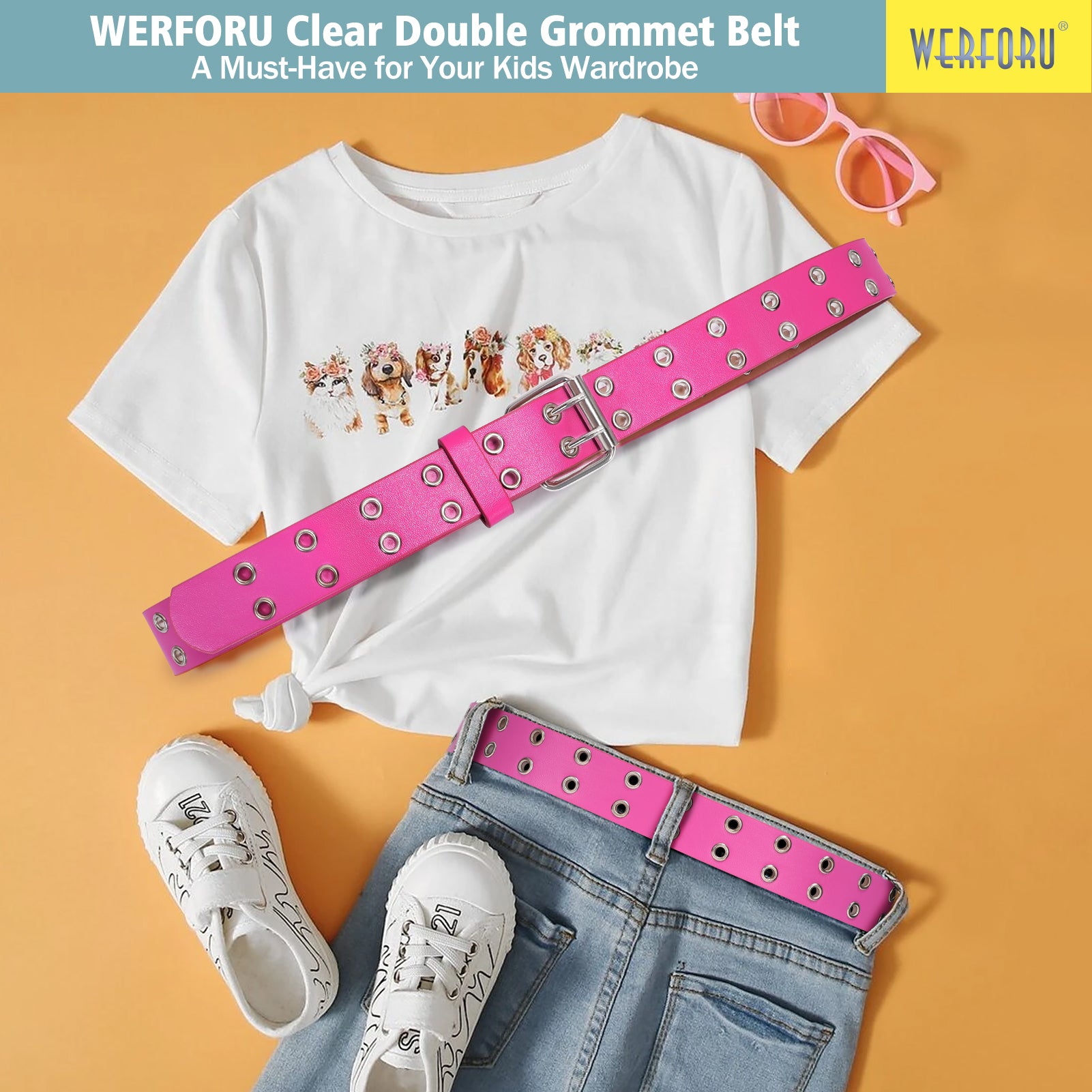 Kids Double Grommet Pu Leather Studded Holes Belt - JASGOOD OFFICIAL