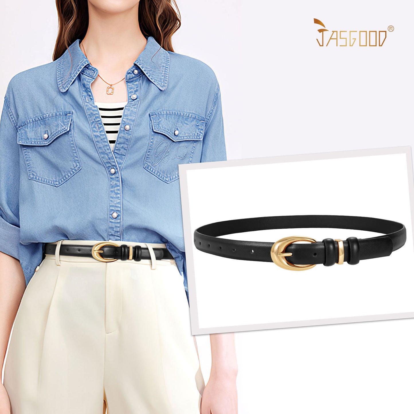 JASGOOD Women Leather Belt for Jeans Pants Fashion Ladies Faux Leather Belt with Gold Buckle