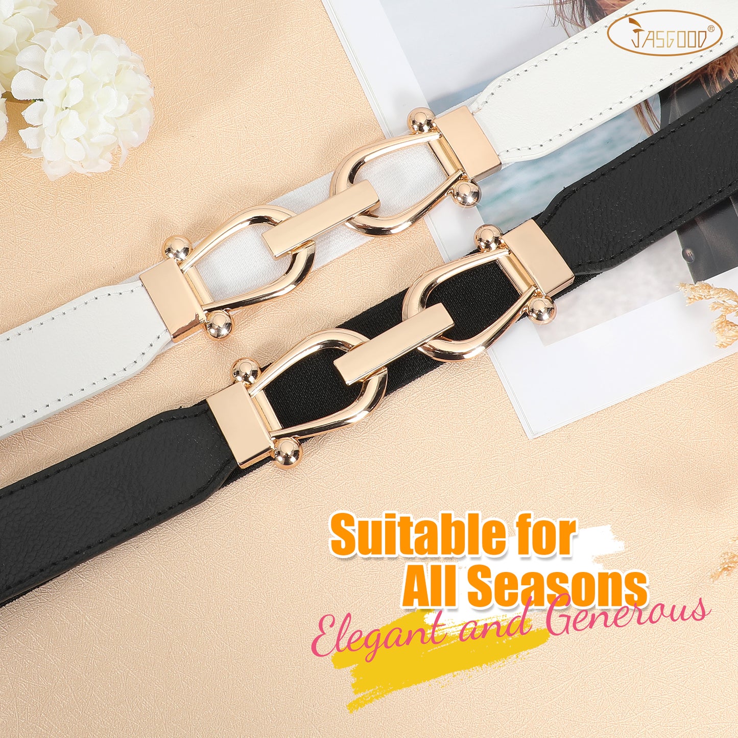 JASGOOD Women Stretchy Waist Belt Retro Elastic Skinny Belt for Ladies with Gold Buckle