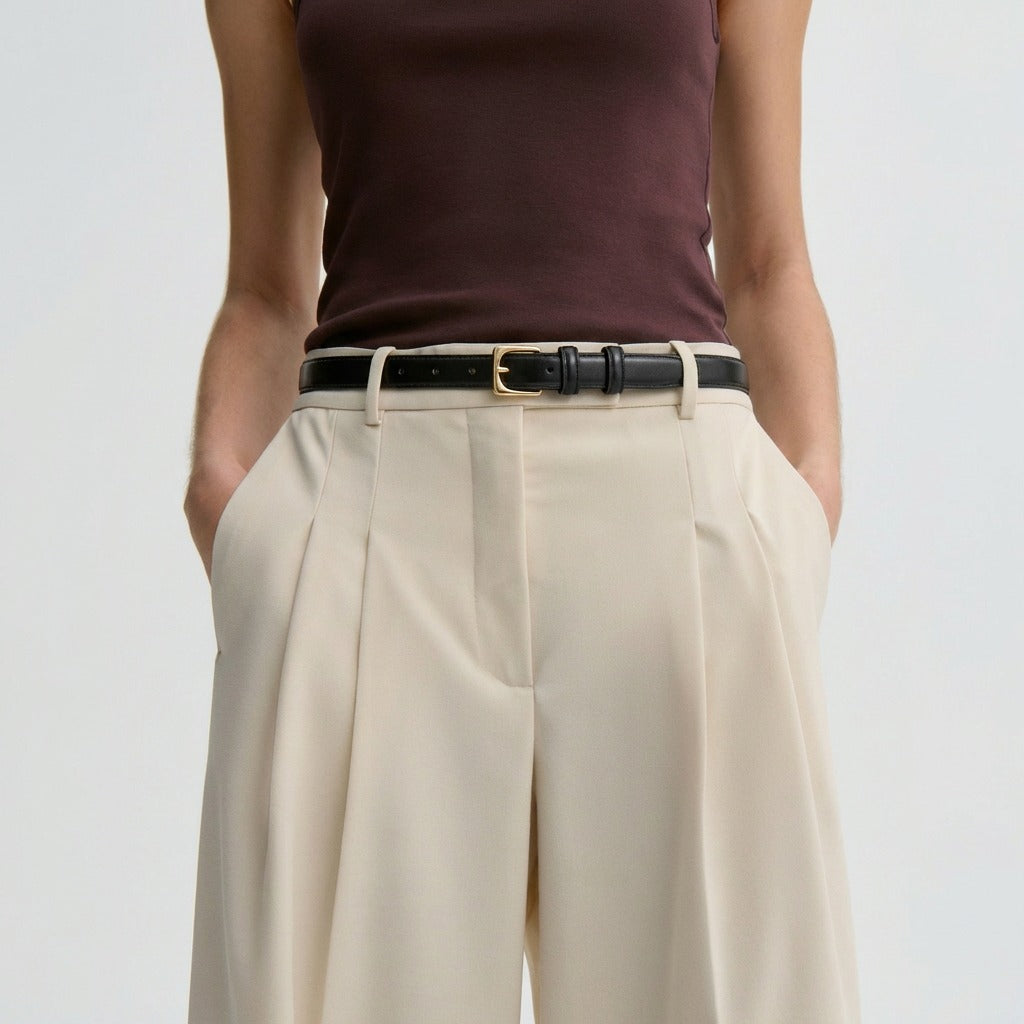 Slim Leather Belt with Square Buckle