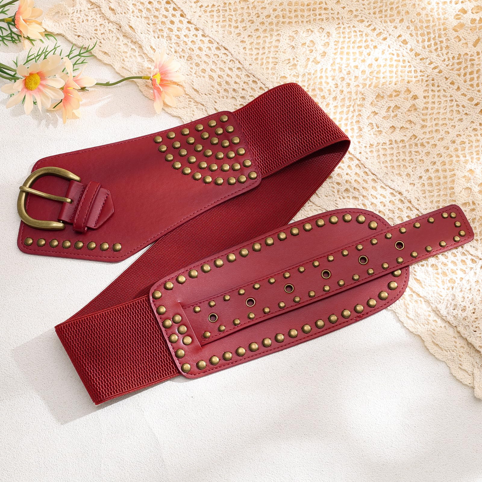 JASGOOD Women Vintage Wide Elastic Belt Studded Stretchy Waist Belt with Rivets Metal Buckle - JASGOOD OFFICIAL