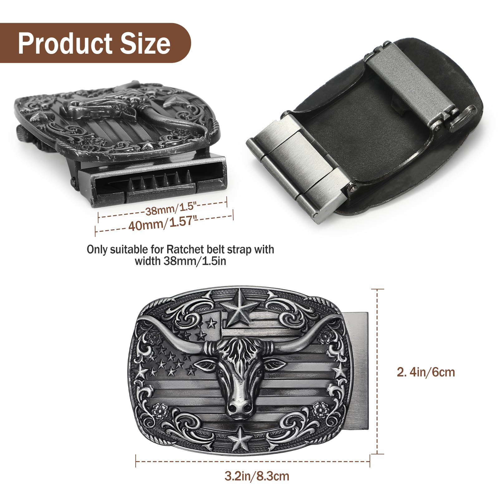 Western Buckle Fits 1.5" Slide Belt Strap