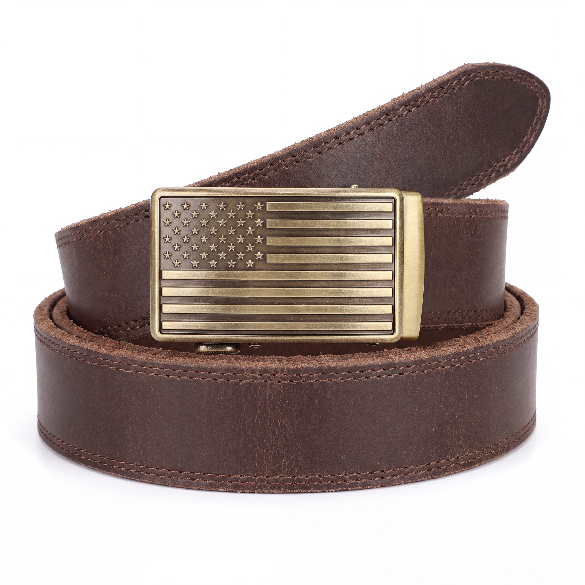Men's Full Grain Ratchet Sliding Belt 1 3/8" with American Flag Buckle
