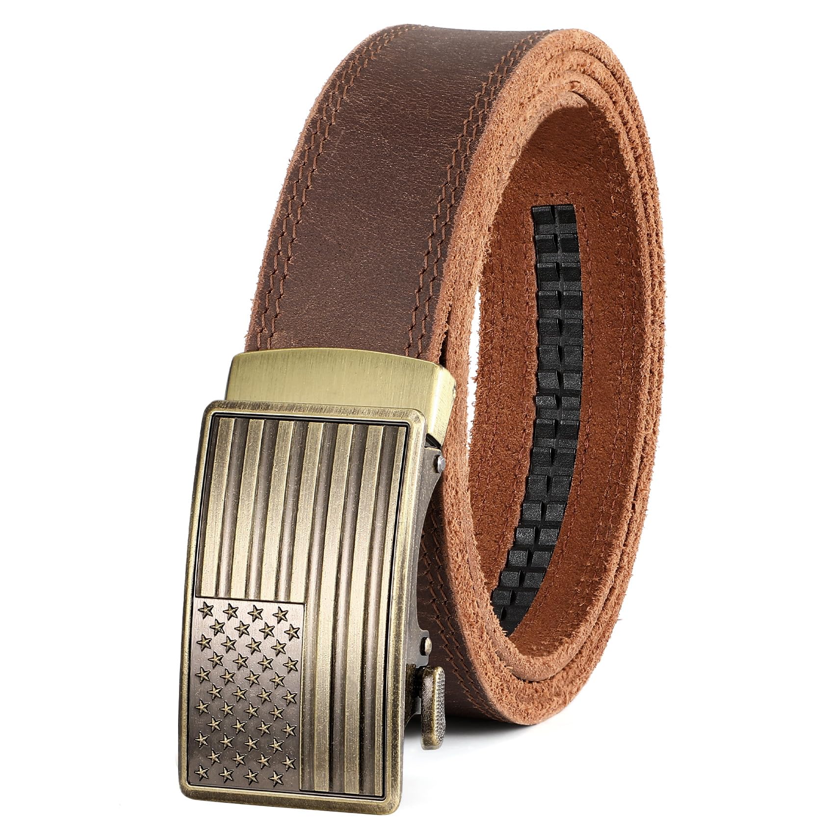 Men's Full Grain Ratchet Sliding Belt 1 3/8" with American Flag Buckle