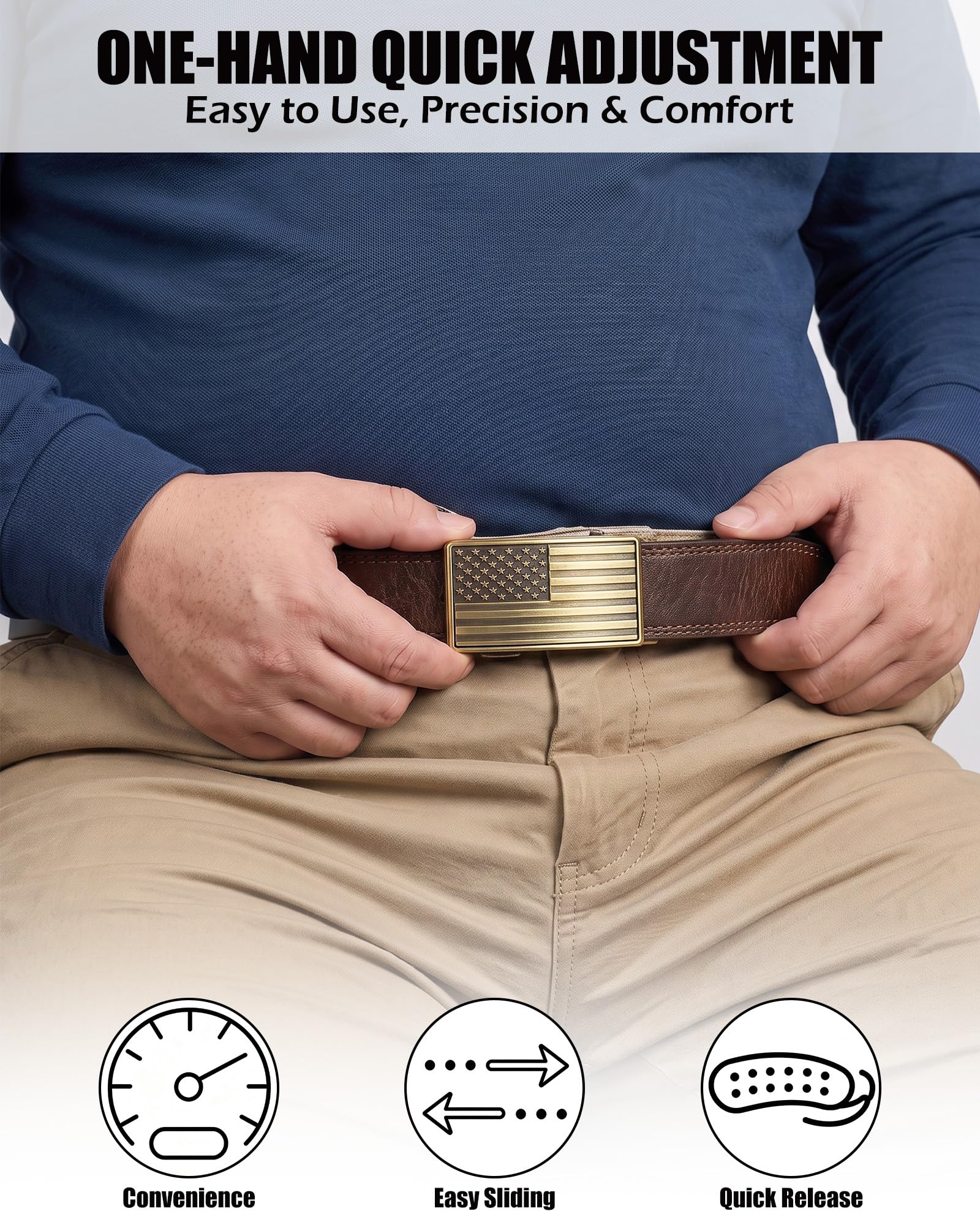 Men's Full Grain Ratchet Sliding Belt 1 3/8" with American Flag Buckle