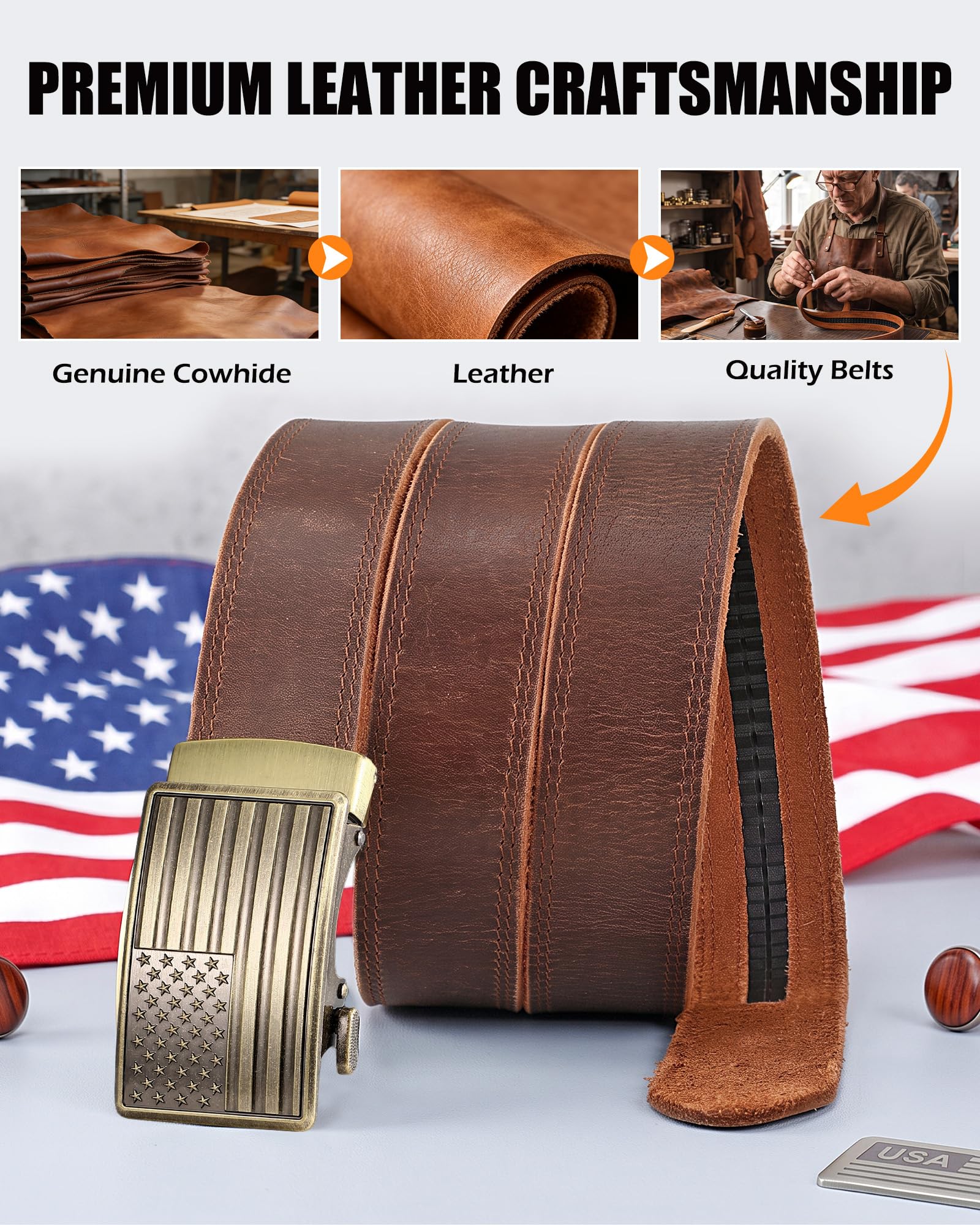 Men's Full Grain Ratchet Sliding Belt 1 3/8" with American Flag Buckle