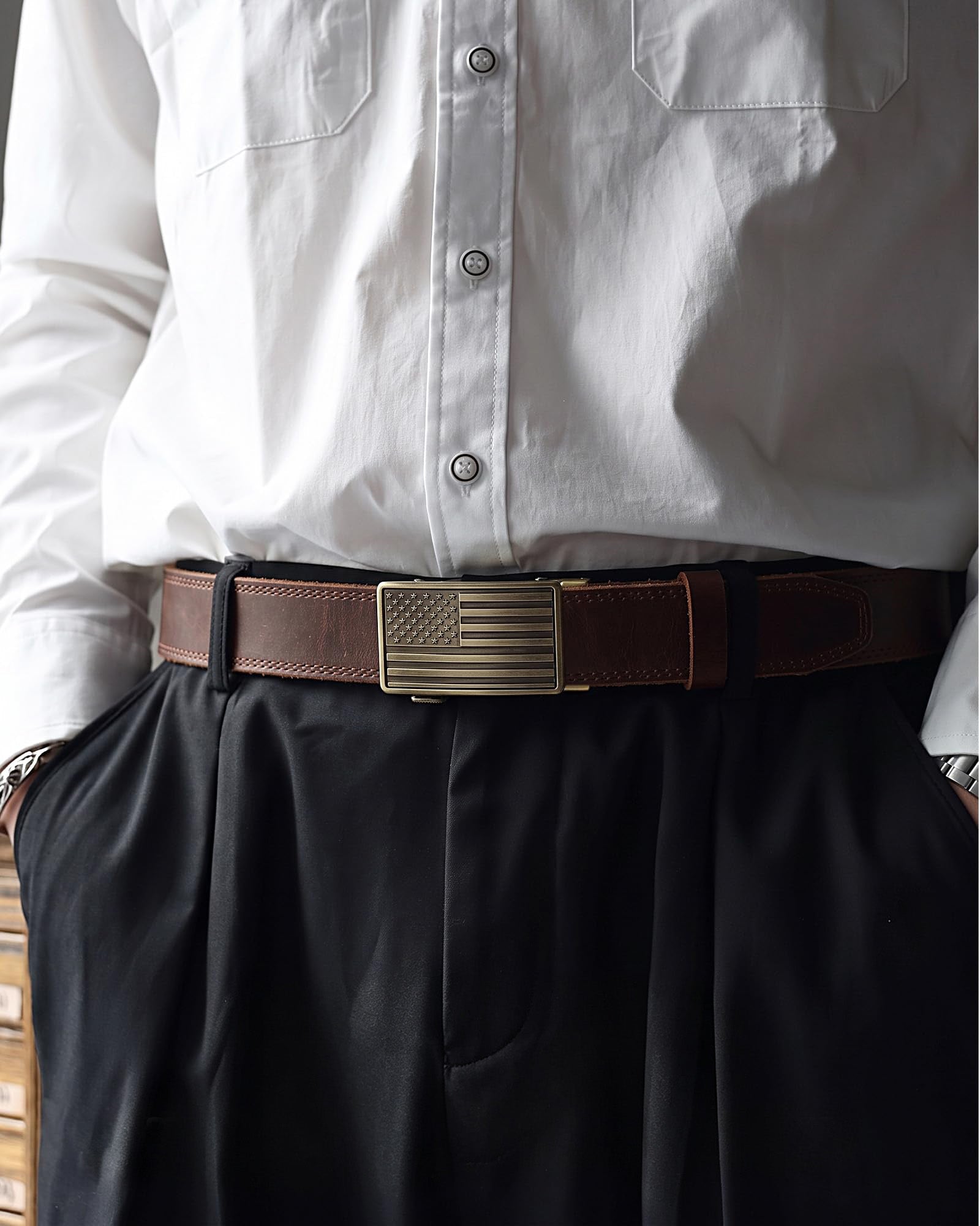 Men's Full Grain Ratchet Sliding Belt 1 3/8" with American Flag Buckle