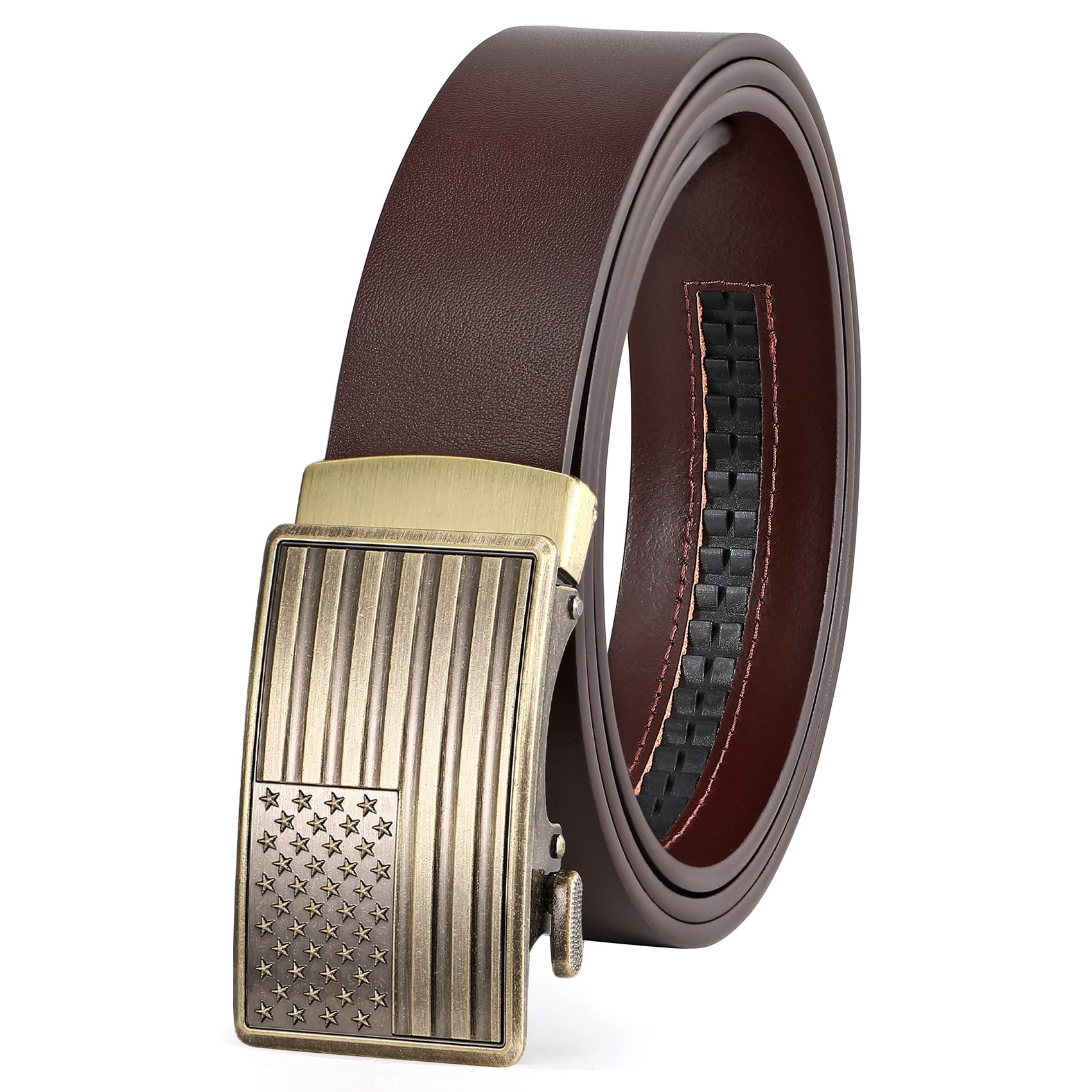 Men's Full Grain Ratchet Sliding Belt 1 3/8" with American Flag Buckle