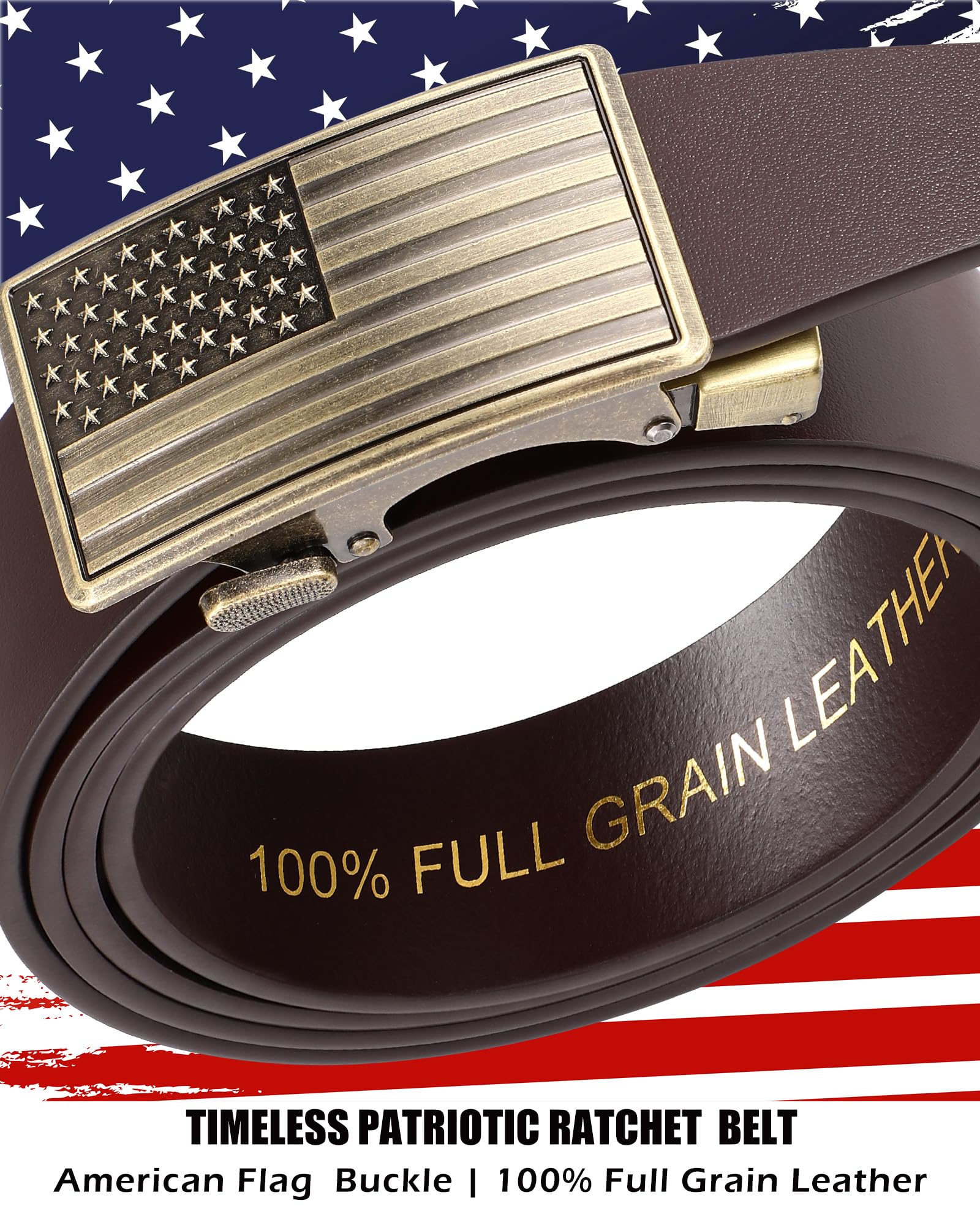 Men's Full Grain Ratchet Sliding Belt 1 3/8" with American Flag Buckle