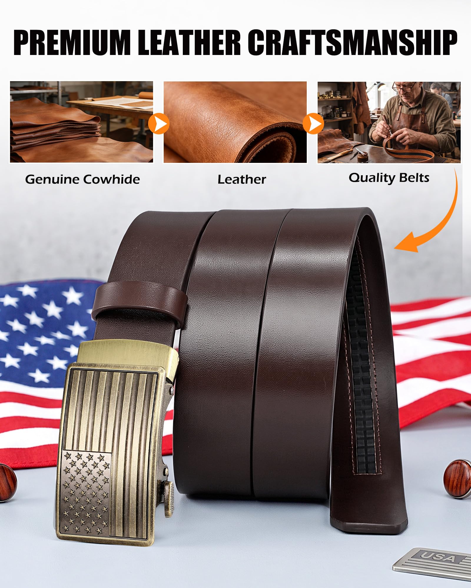 Men's Full Grain Ratchet Sliding Belt 1 3/8" with American Flag Buckle